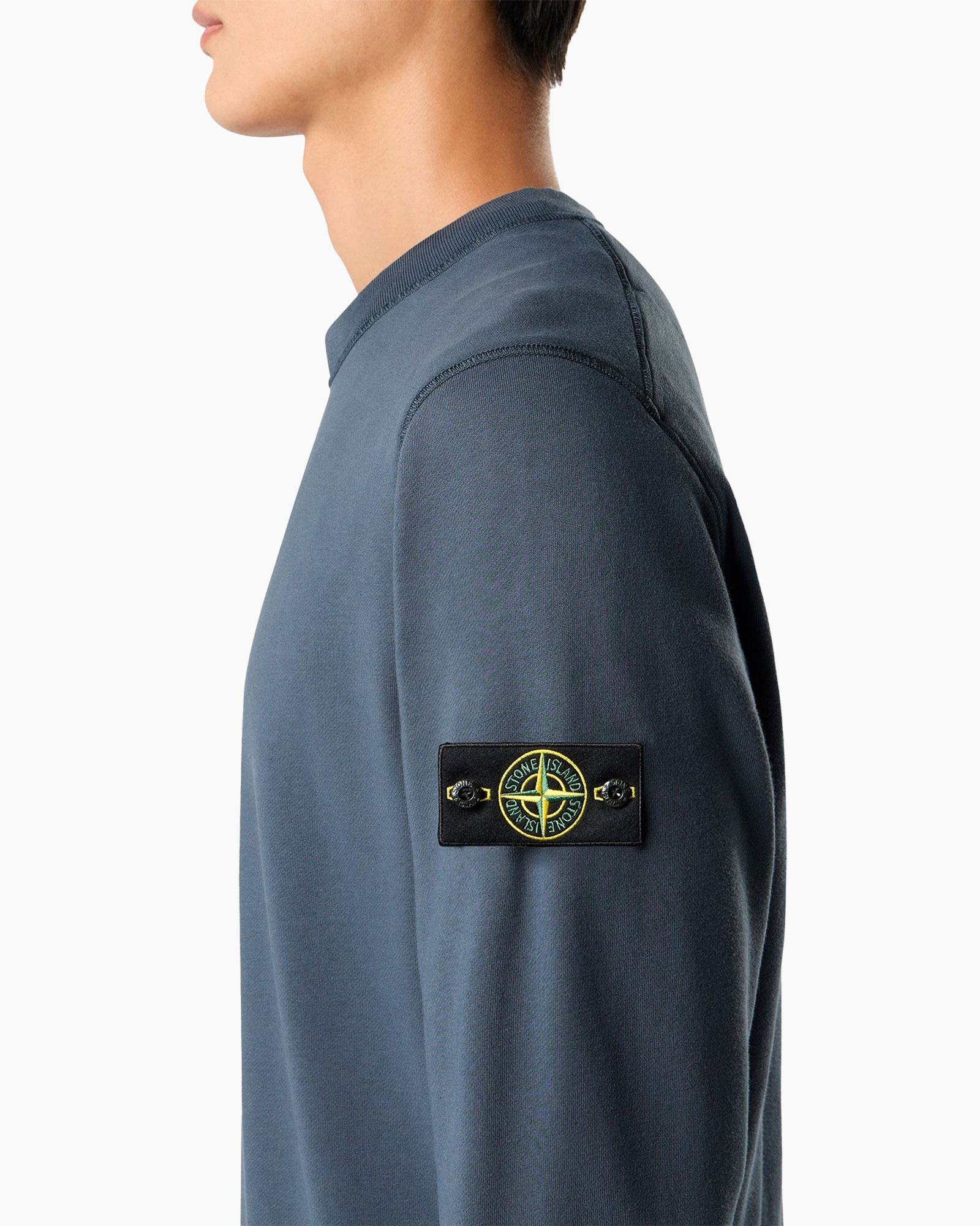 lange mouw, kraagloze ronde hals, patch, blauw, logo op mouw
