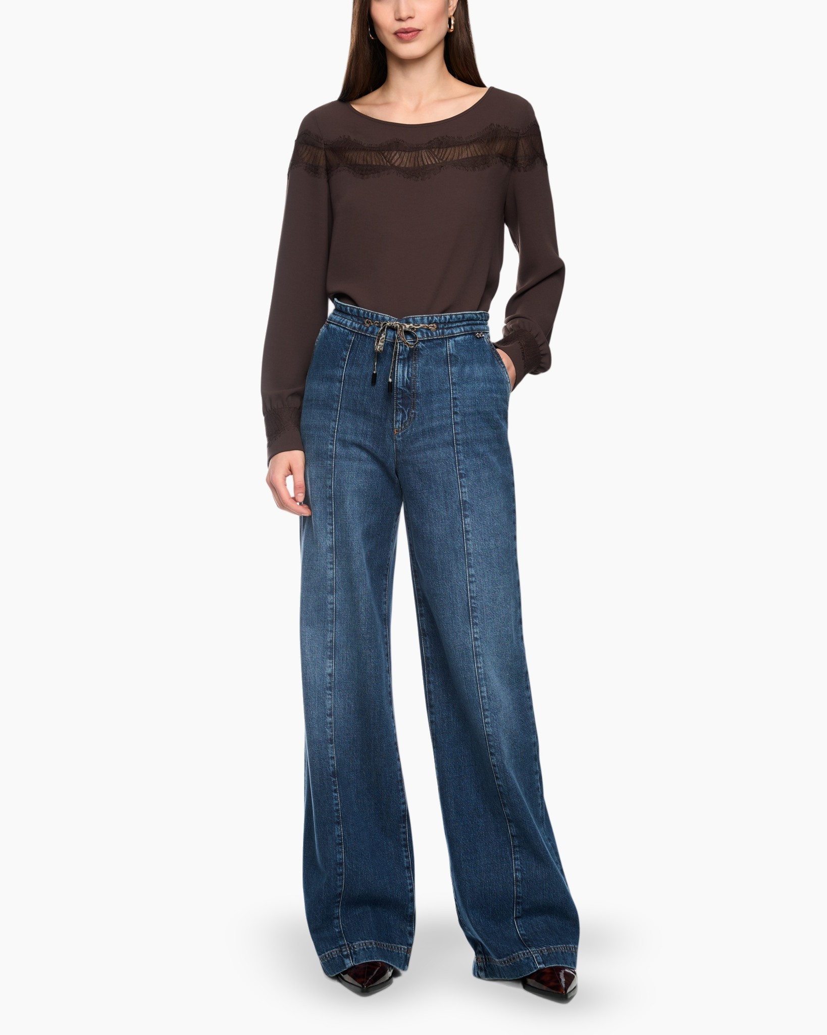 top, lange mouw, kant, bruin, wijdte broek