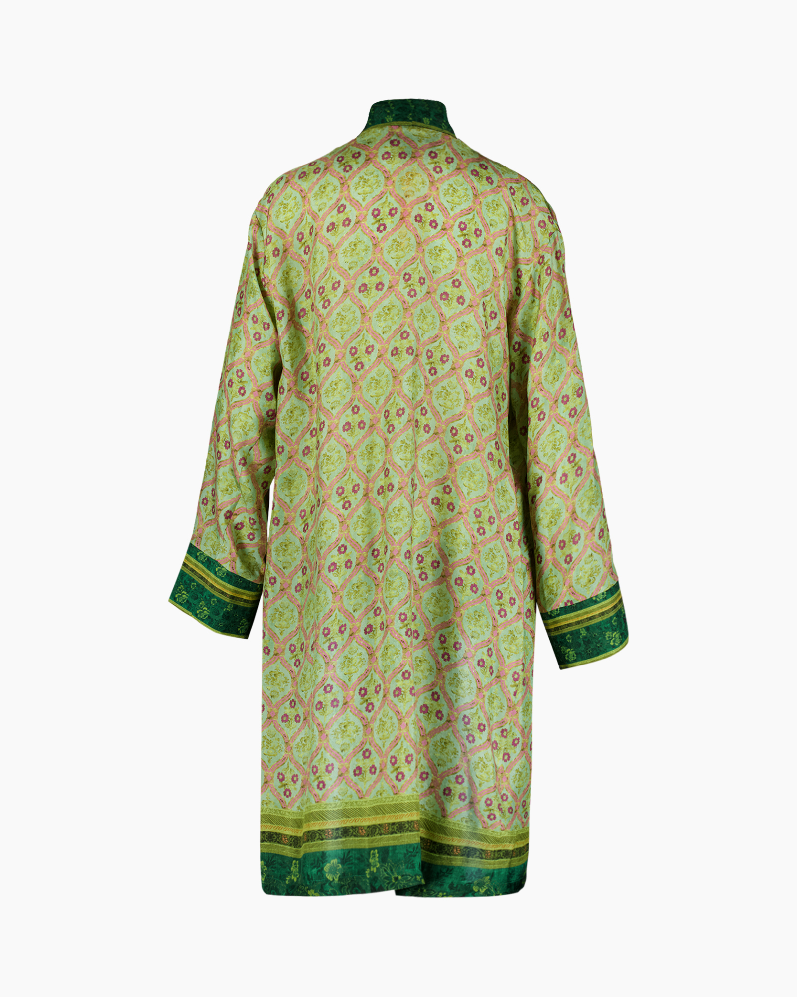 zijden jurk, groene robe, knielengte, paisley patroon, versierde manchetten