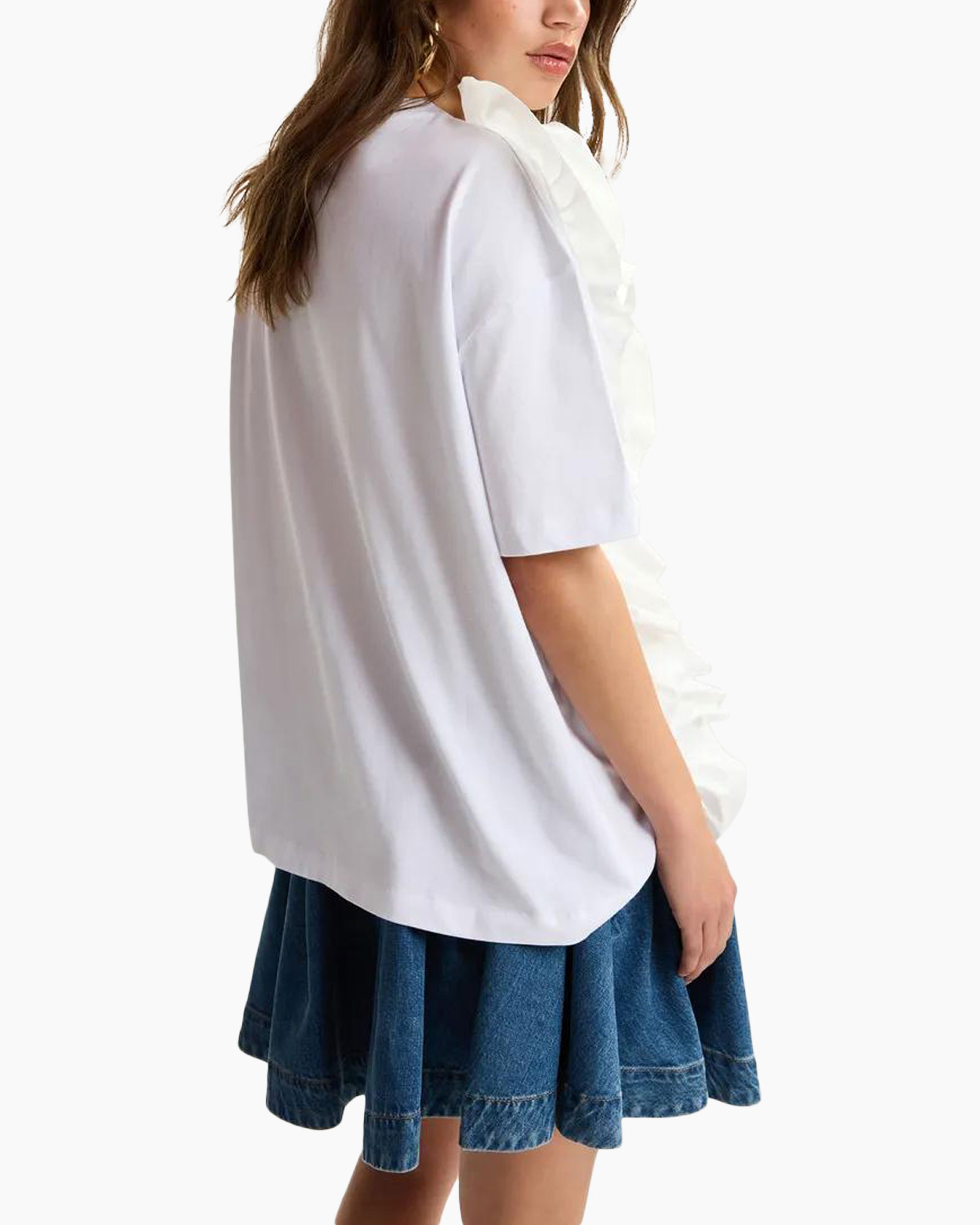 blouse, ruffles, white, short sleeve, denim skirt