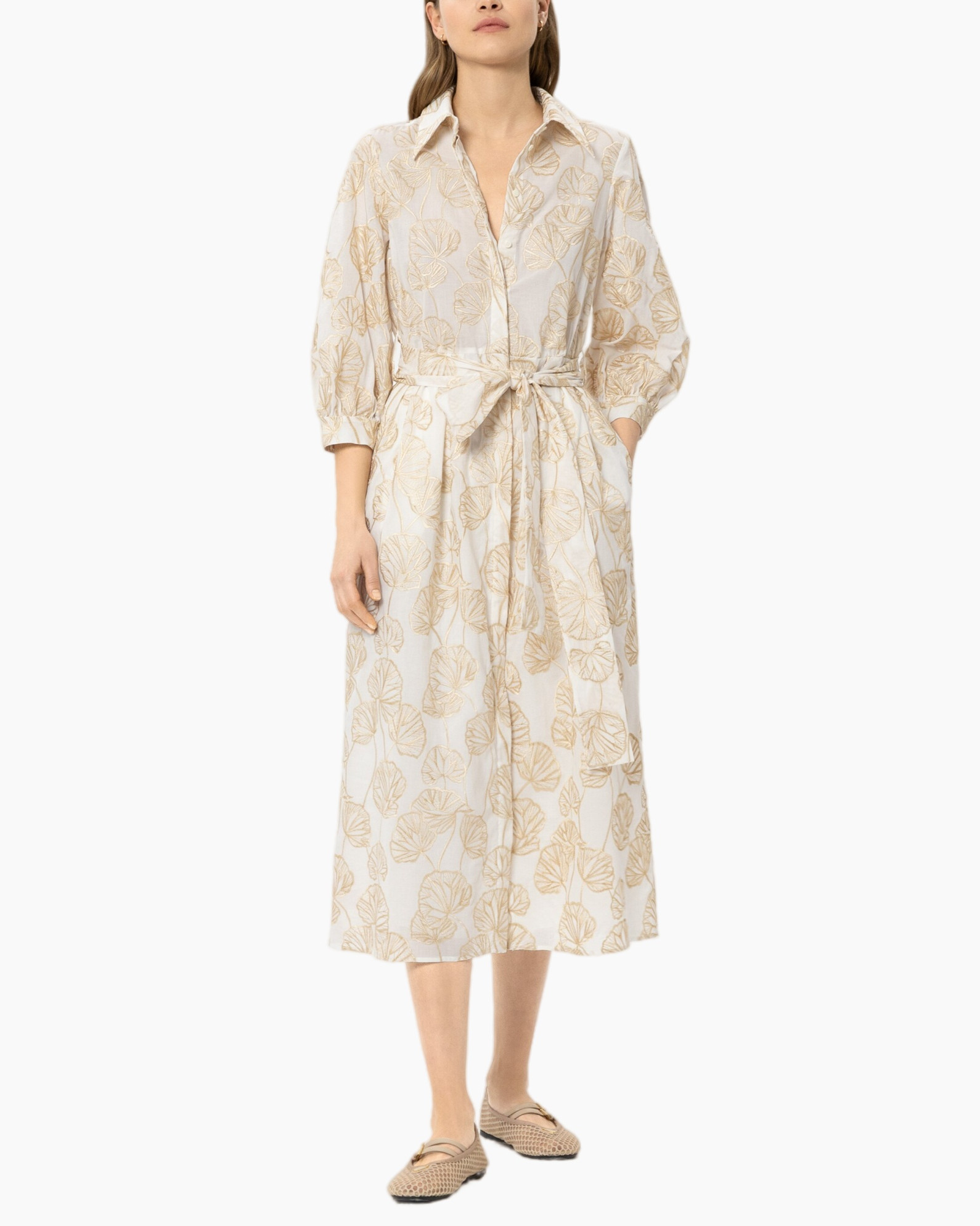 jurk, midi, kraag, riem, bladprint