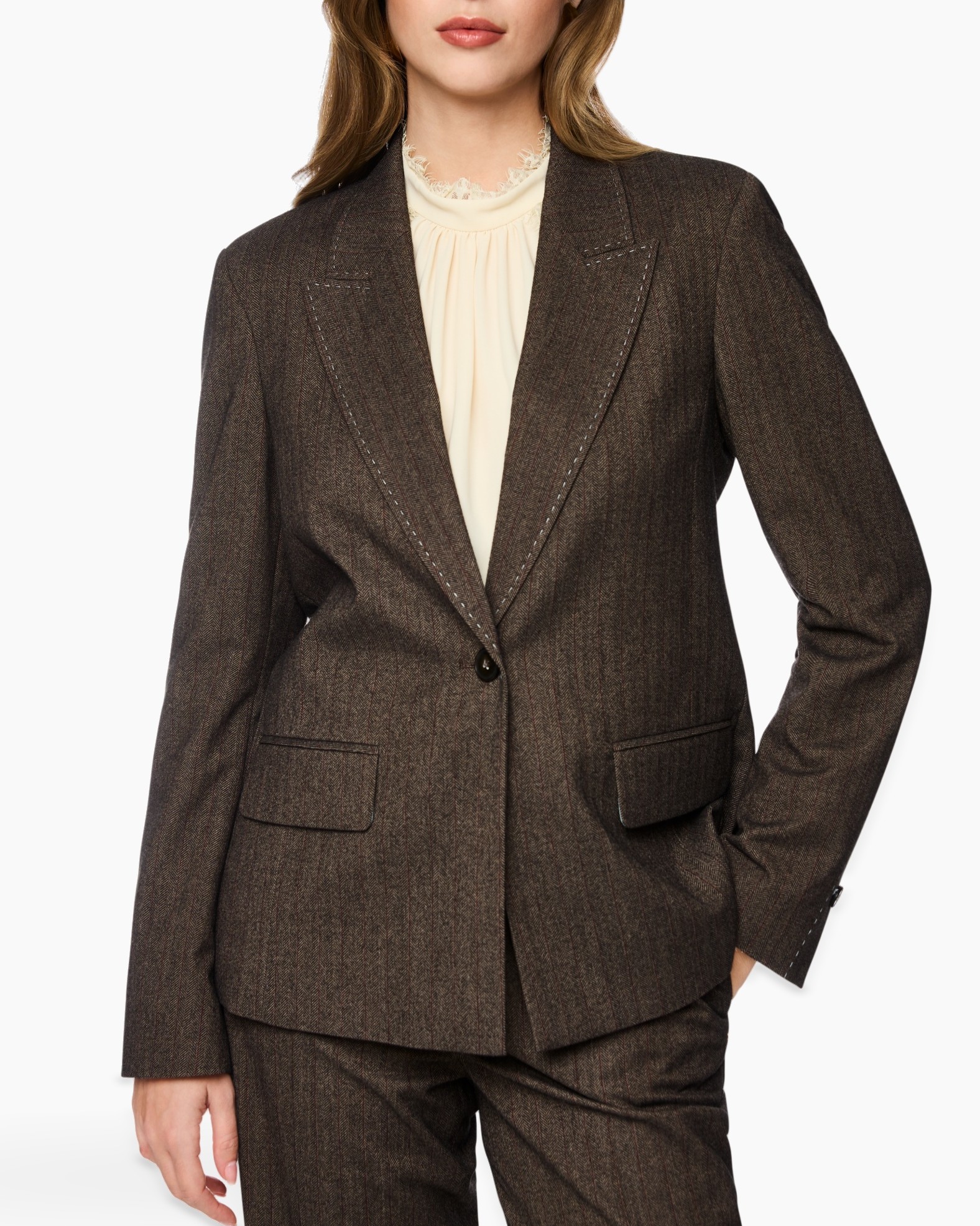 blazer, broekpak, vrouw, bruin, zakken