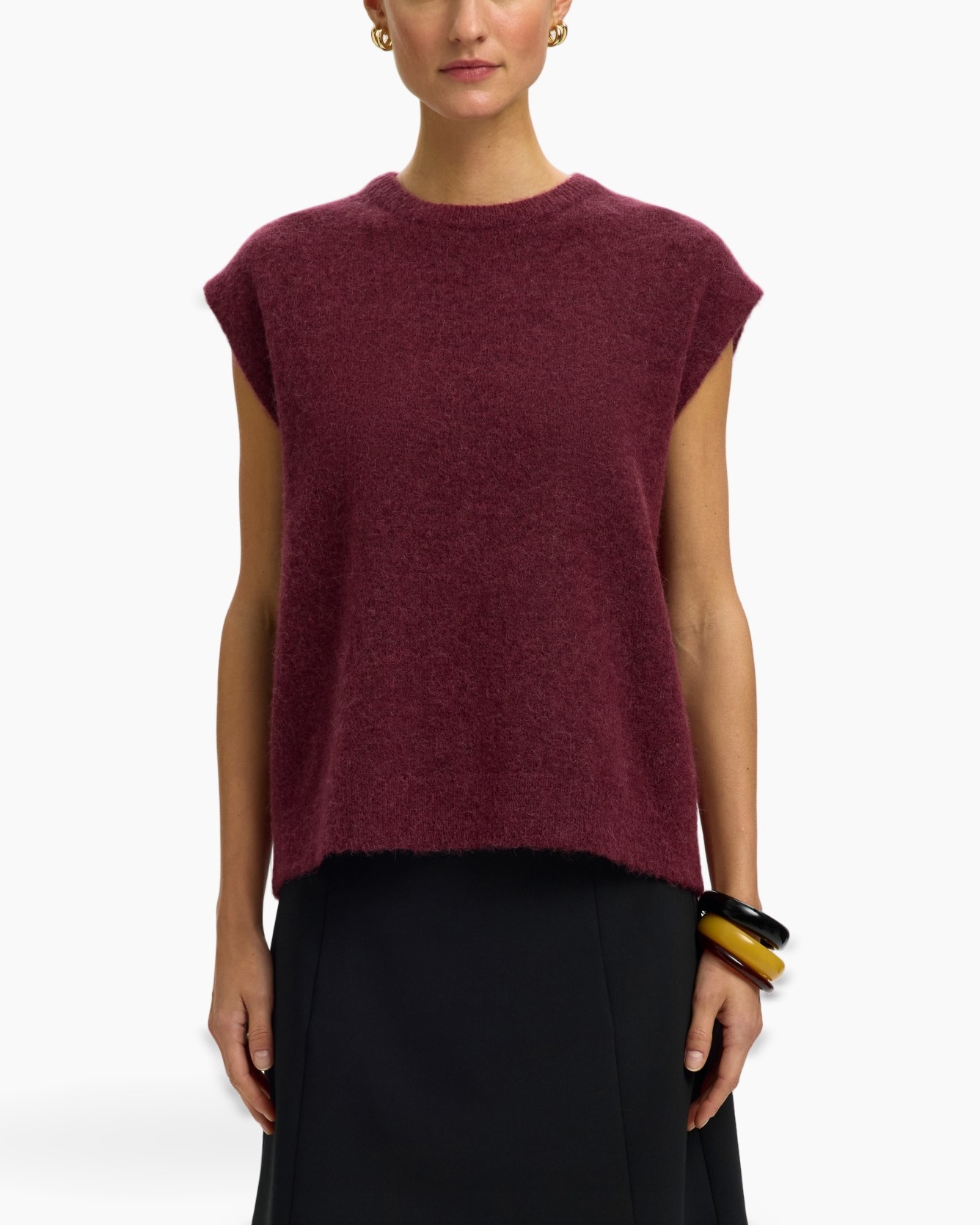 gebreide top, mouwloos, burgunderoog, pullover, zacht oppervlak
