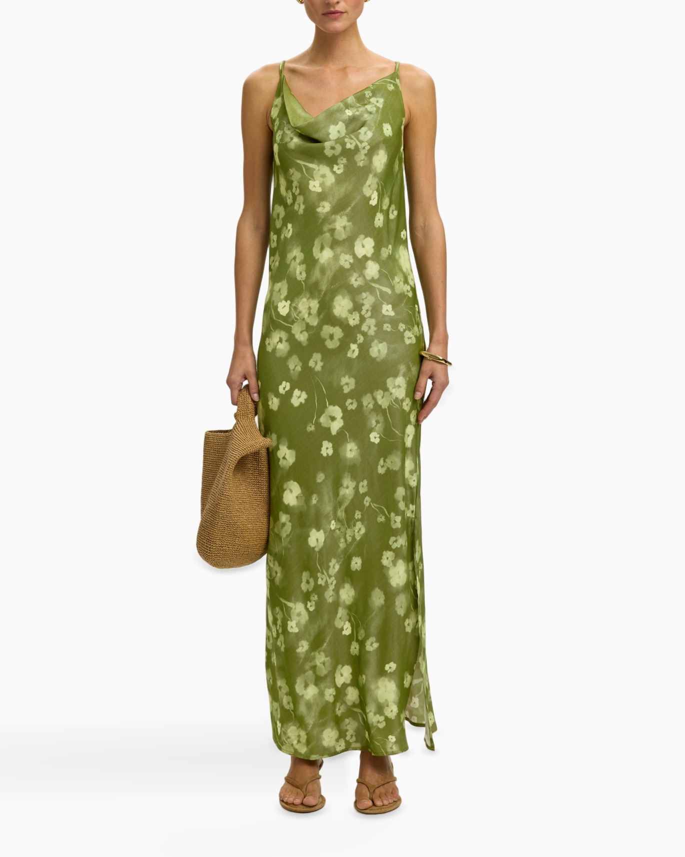 dress, maxi dress, green, tie-dye, floral pattern
