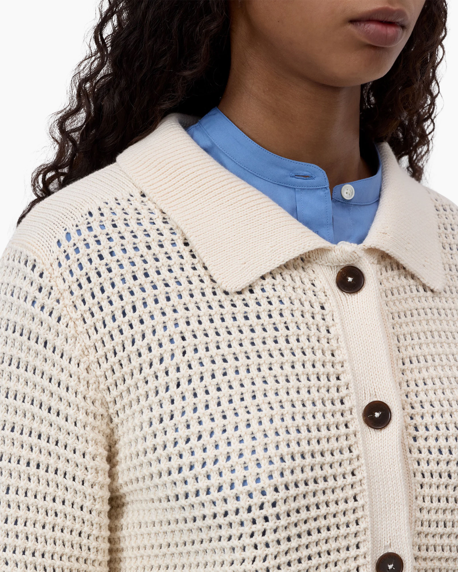gebreide cardigan, open knit, crème, knopenlijst, kraagtrui