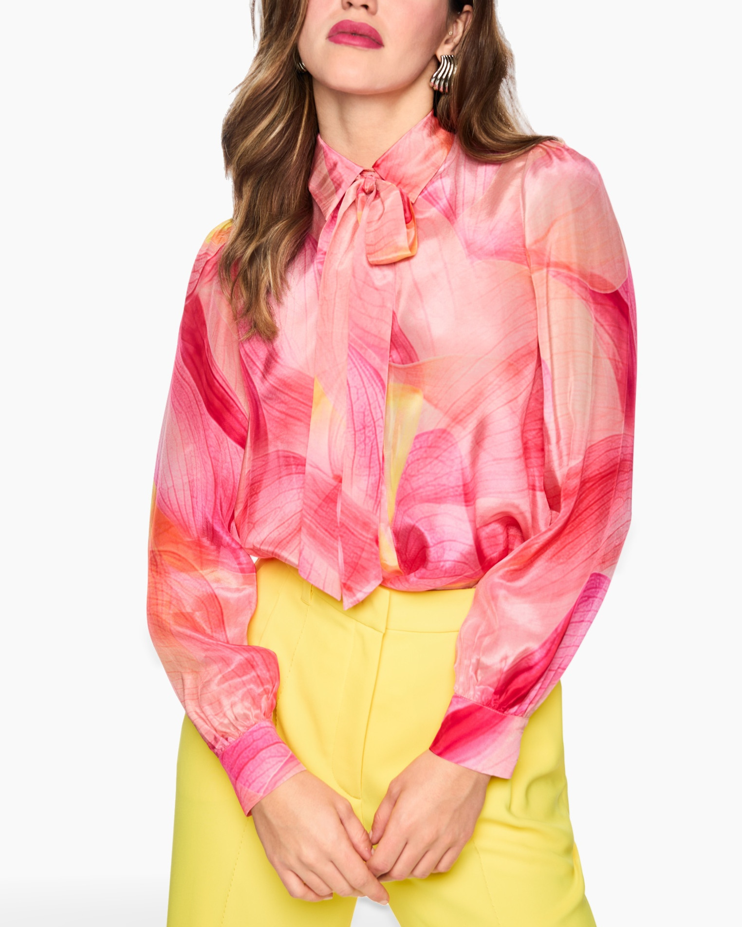 blouse, pink, tie-neck, print, long-sleeve