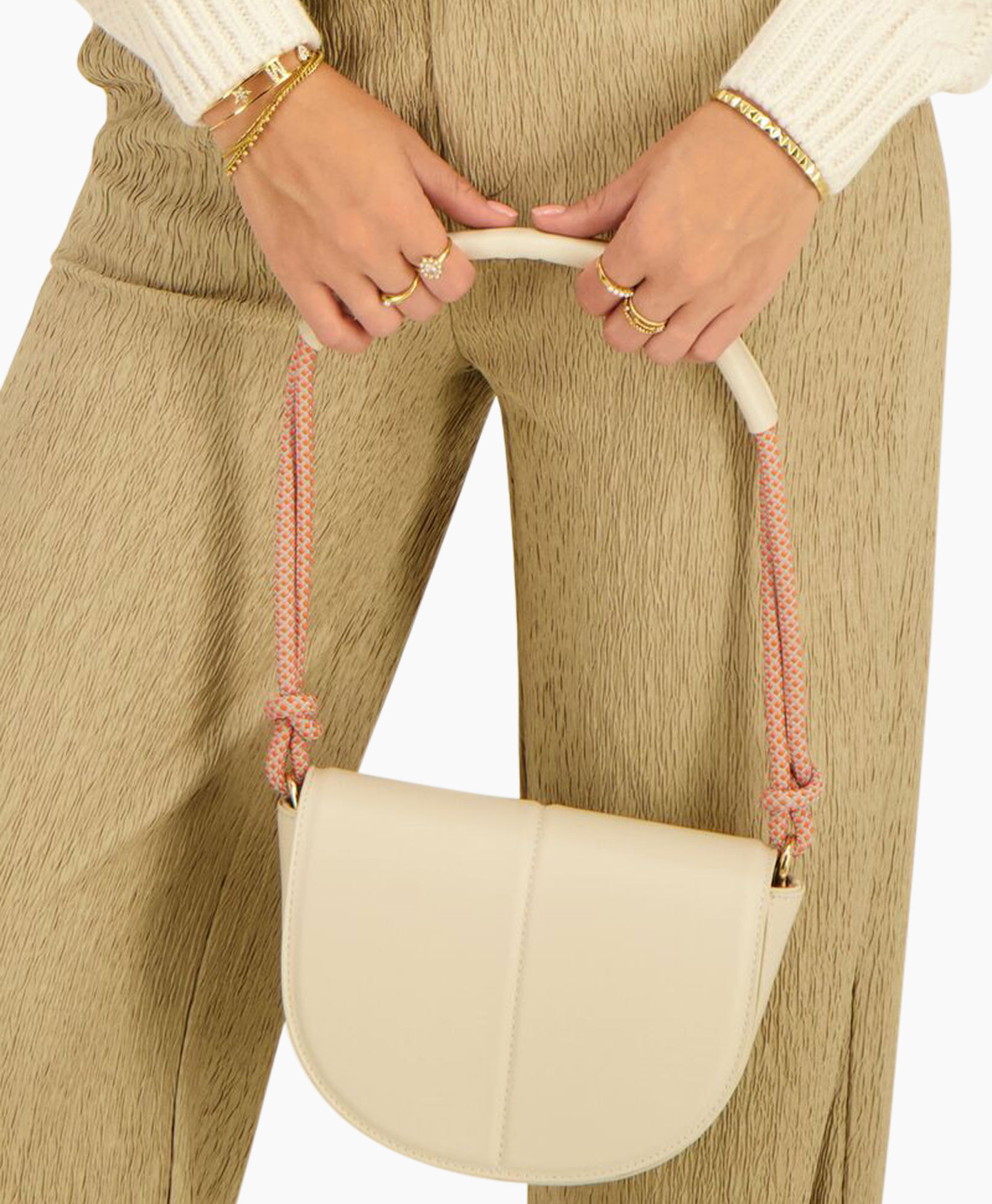 Schouder / Hand Tas Halve Maan Koord Beige