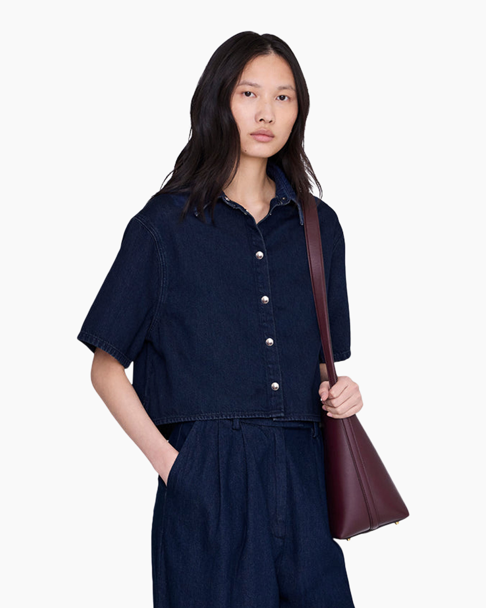 denim, top, korte mouwen, knopenrij, zakken