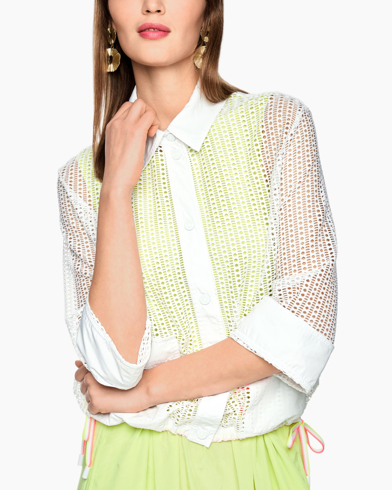 witte blouse, gaas top, gelaagde doorzichtig, lange mouw, kraag blouse
