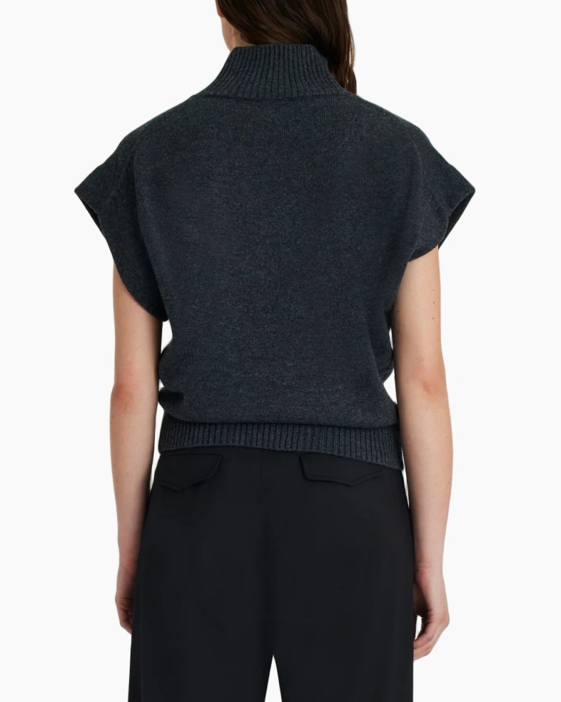 mouwloze trui, hoge hals, geribde afwerking, antracietgrijs, gebreide kleding