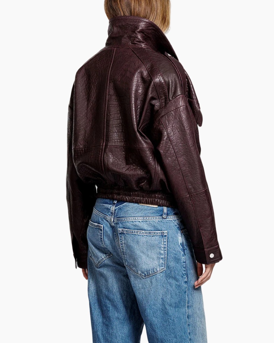 leer jacket, motorjack, korte jas, knop snaps, donkerbruin cognac