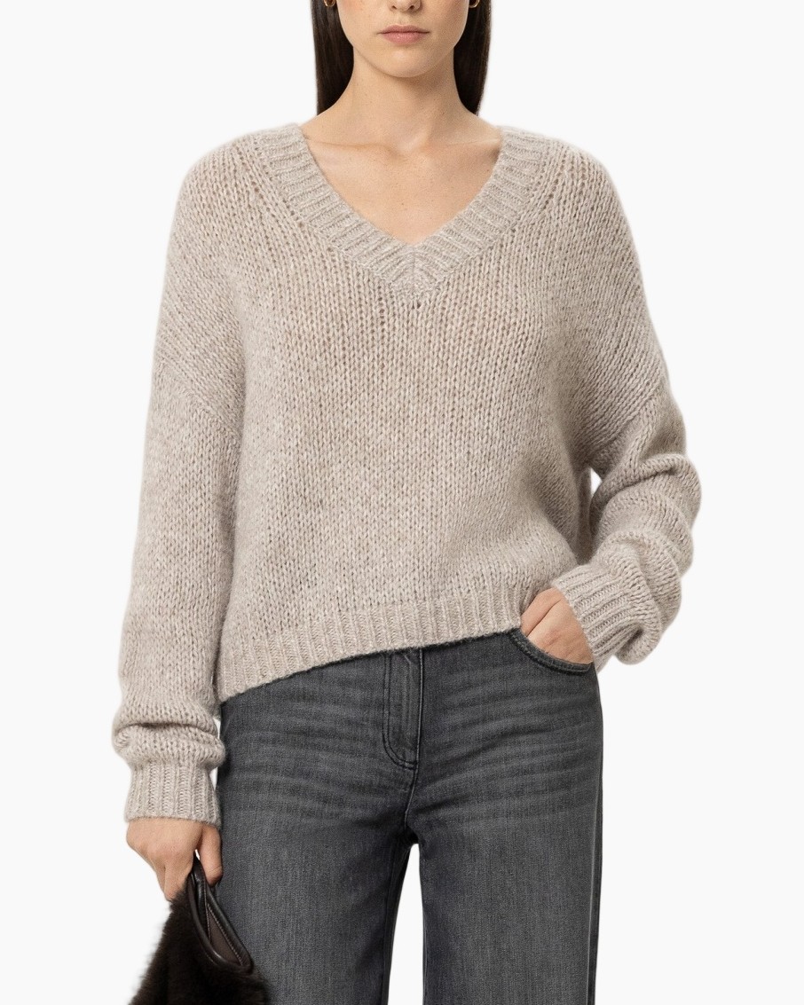breiesteek trui, v-hals, beige, dik gebreide, lange mouw