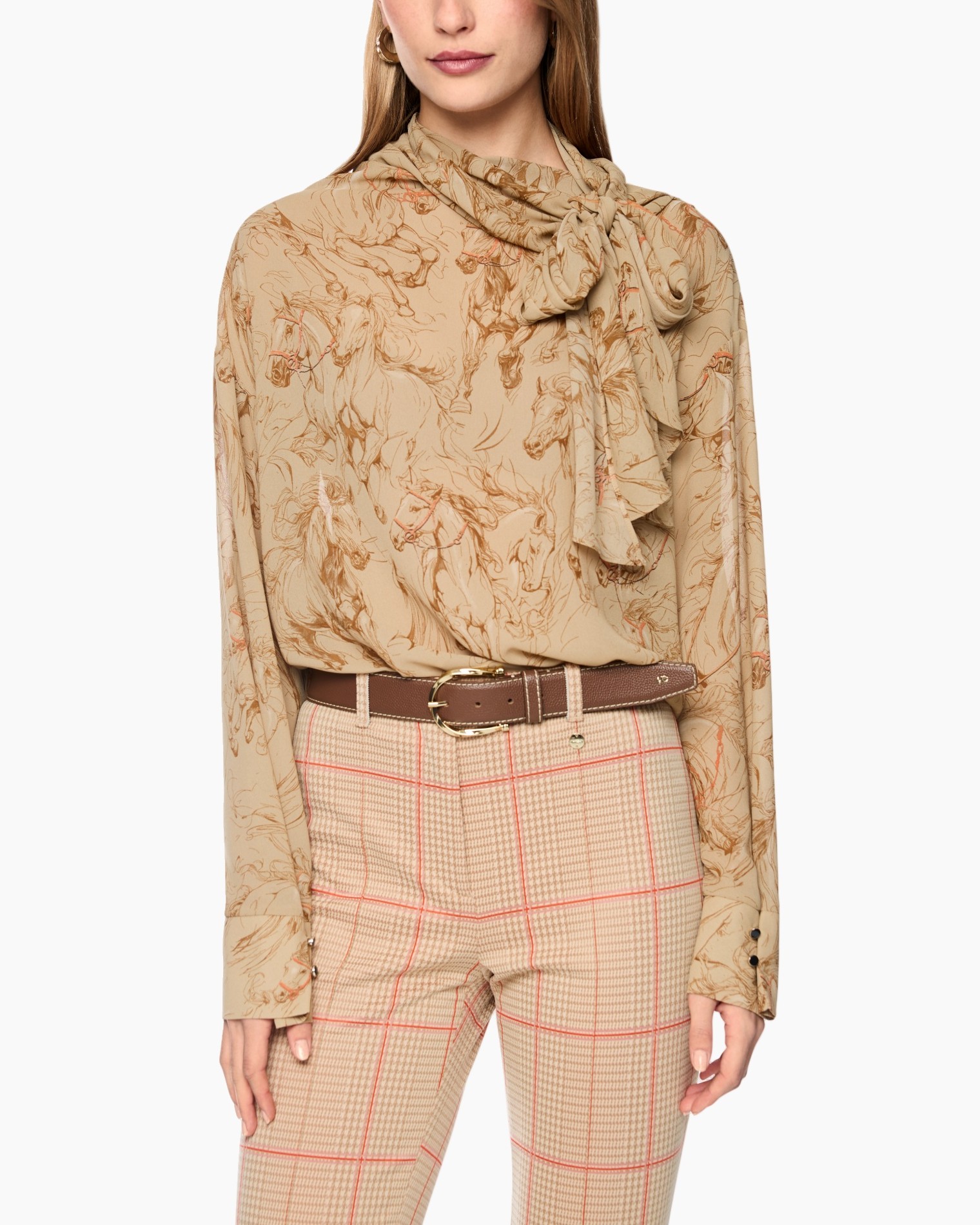 blouse, print paisley, lange mouwen, sjaal detail, beige