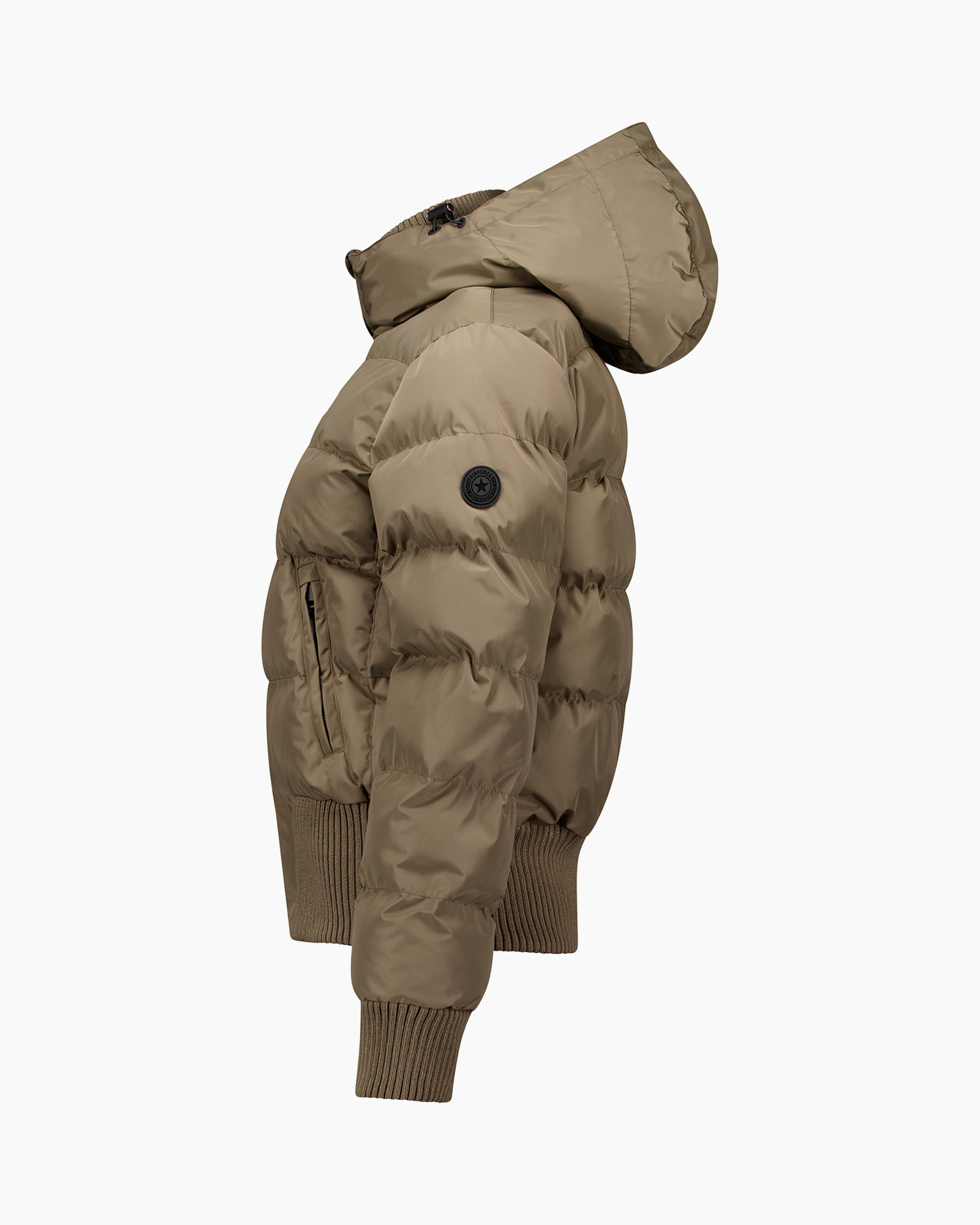 donsjas, met capuchon, taupe, gepufft, geribde boorden