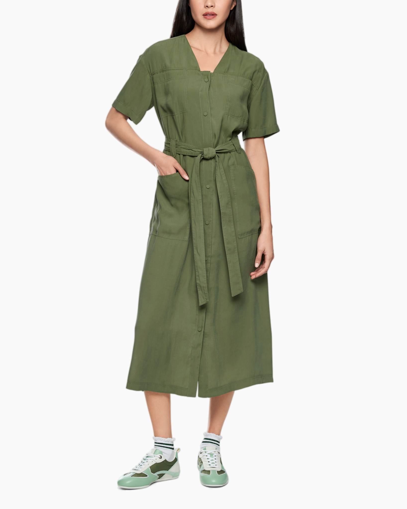 green, wrap-dress, shirt-dress, knee-length, pockets