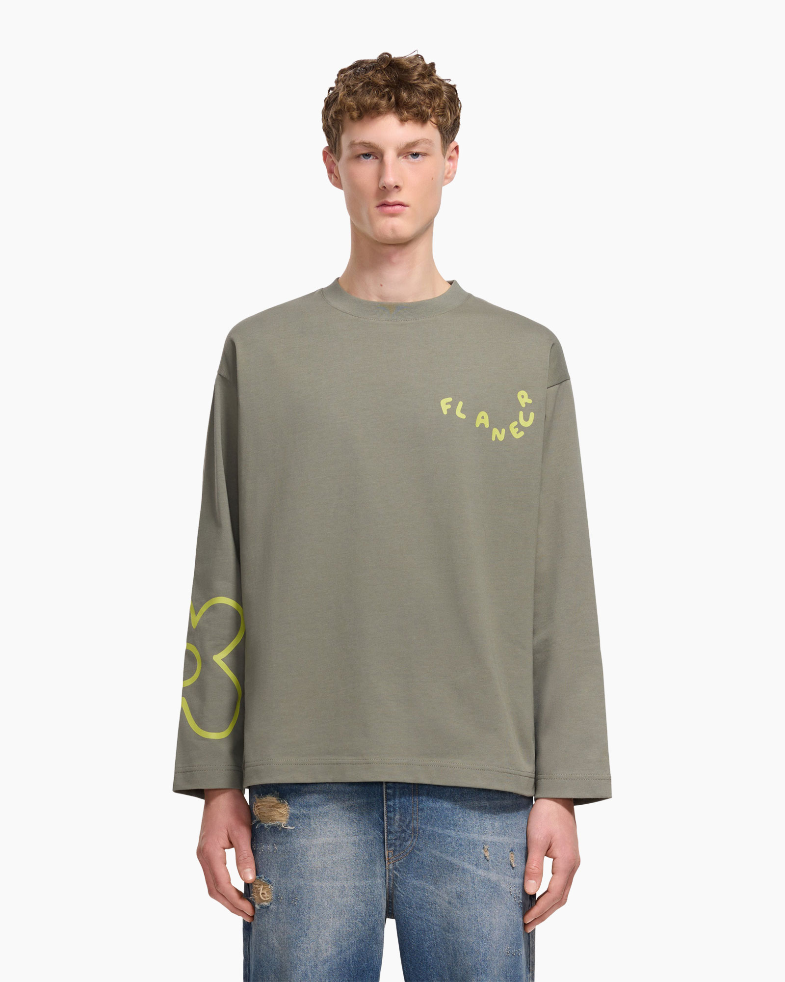 lange mouw, olijf groen, grafisch, distressed jeans, kraagloos