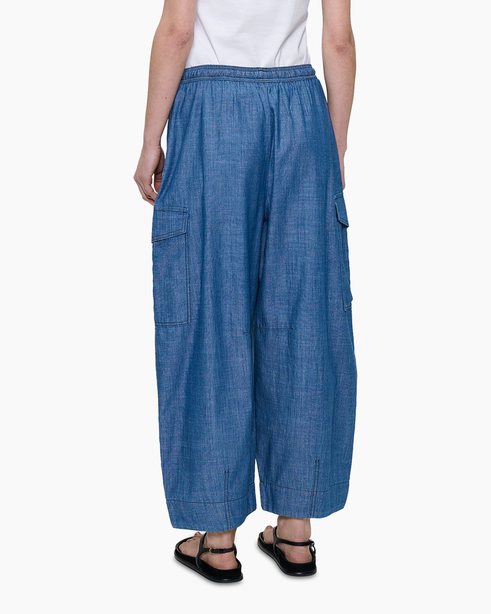 denim, wide-leg, cargo pockets, drawstring, ankle-length