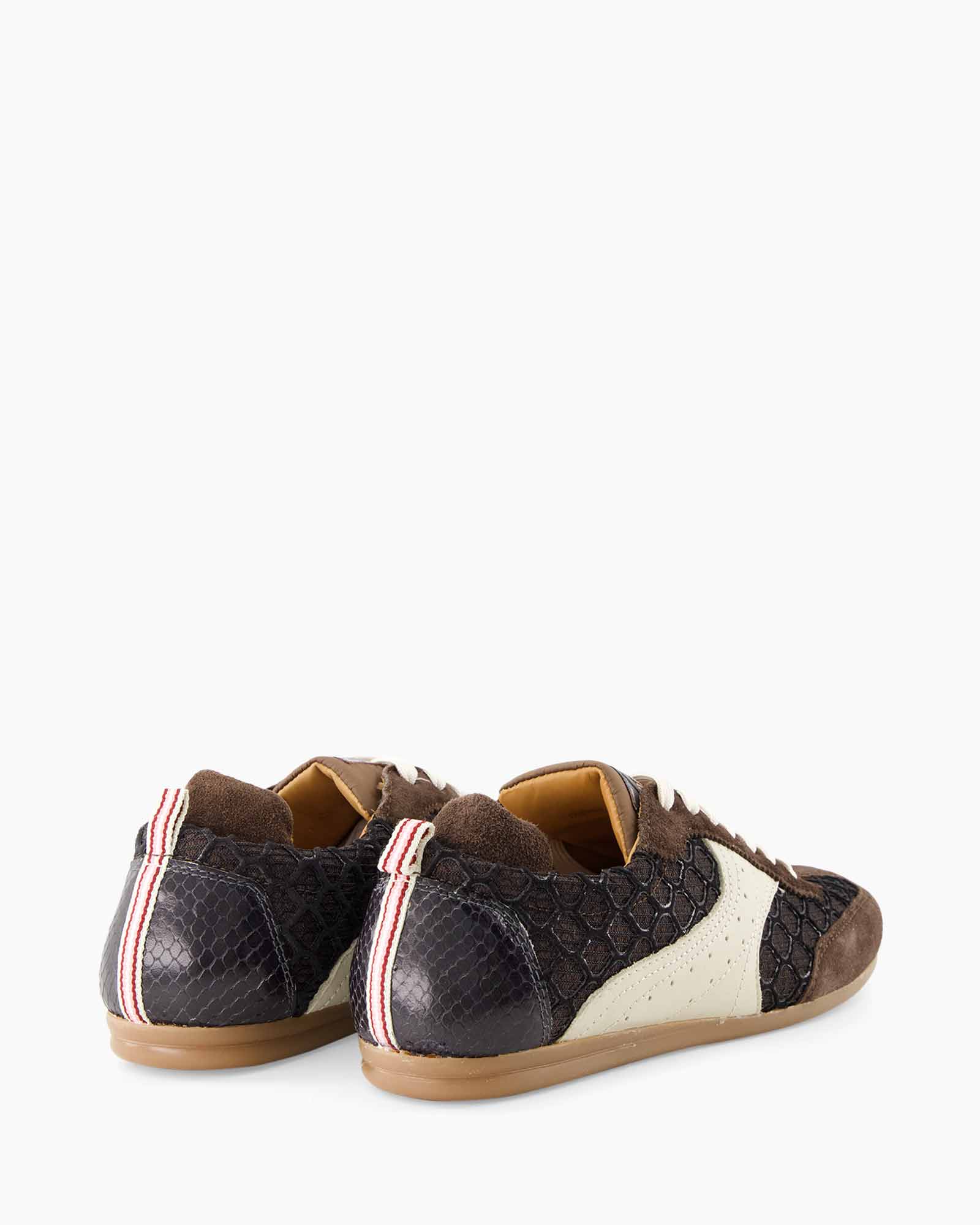 sneakers, laag-sneaker, bruin, zwart, slangen-hreem-textuur