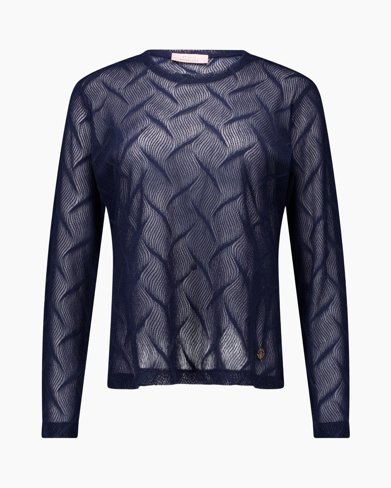 navy top, patroon uit mesh, lange mouwen, doorzichtige blouse, kraagloze nek