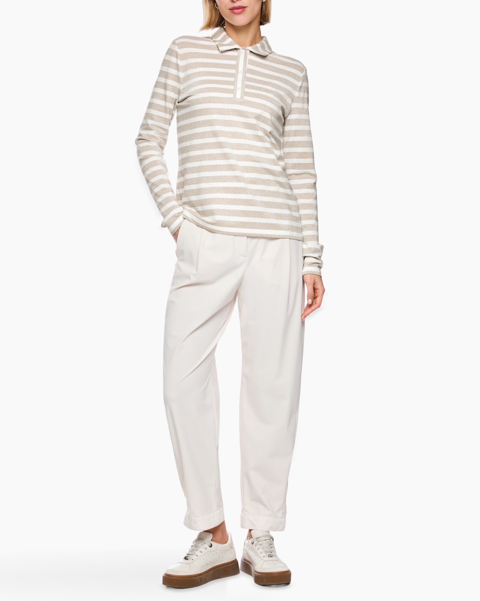 gerekt gestreept, kraag poloshirt, beige wit, lang袖, broek