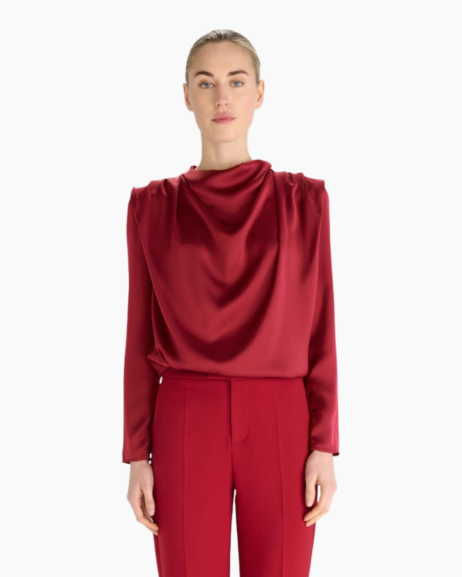 top, blouse, satin, rood, broek