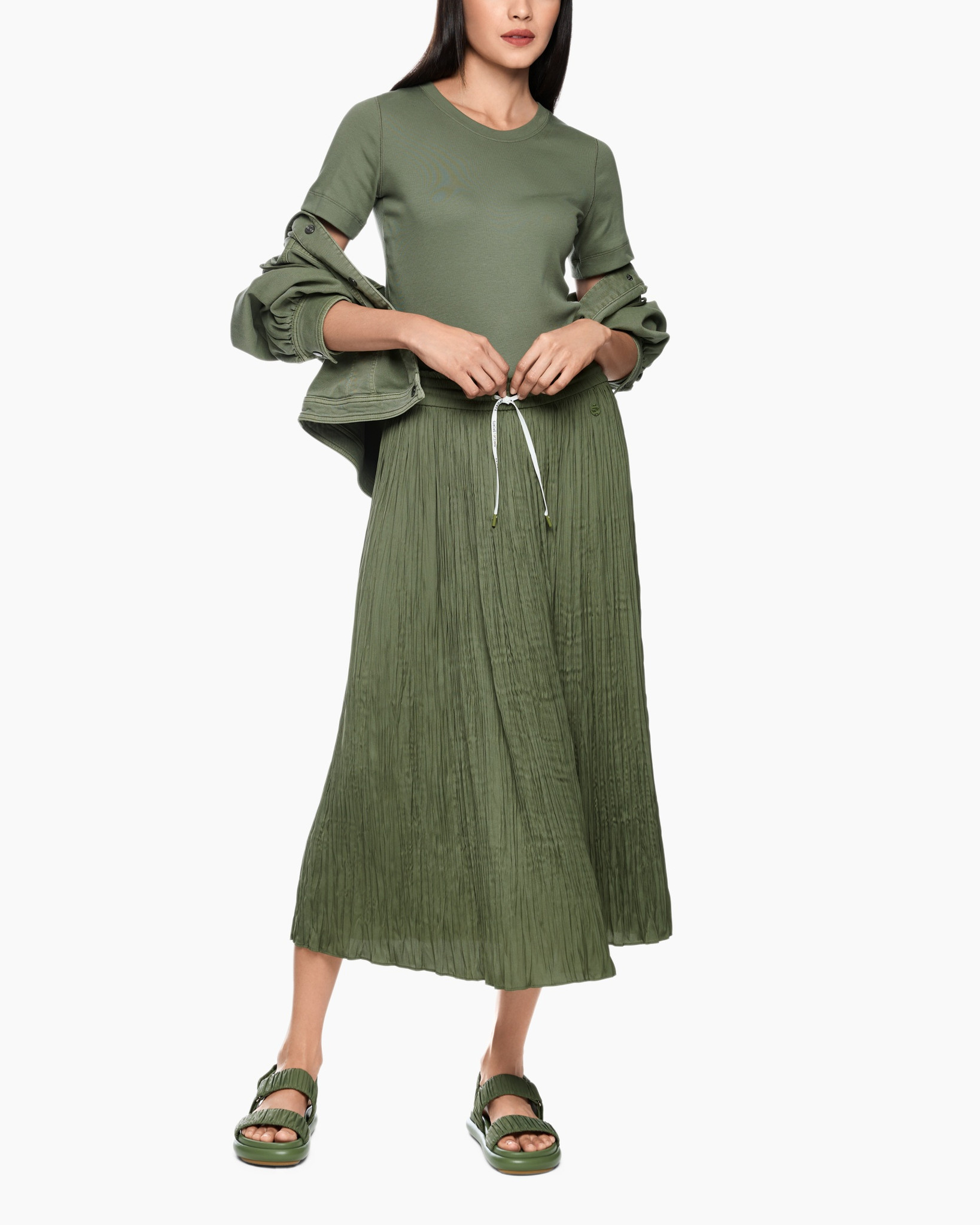 green, skirt, pleated, drawstring, jacket