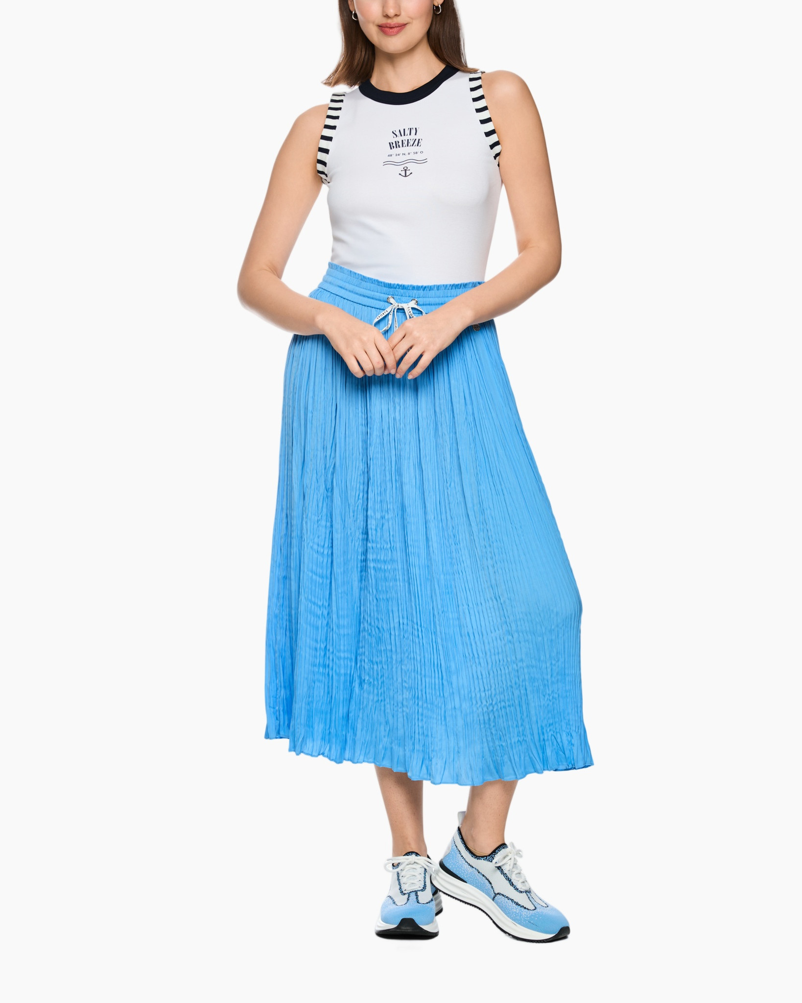 tank top, striped straps, white top, blue skirt, athletic shoes