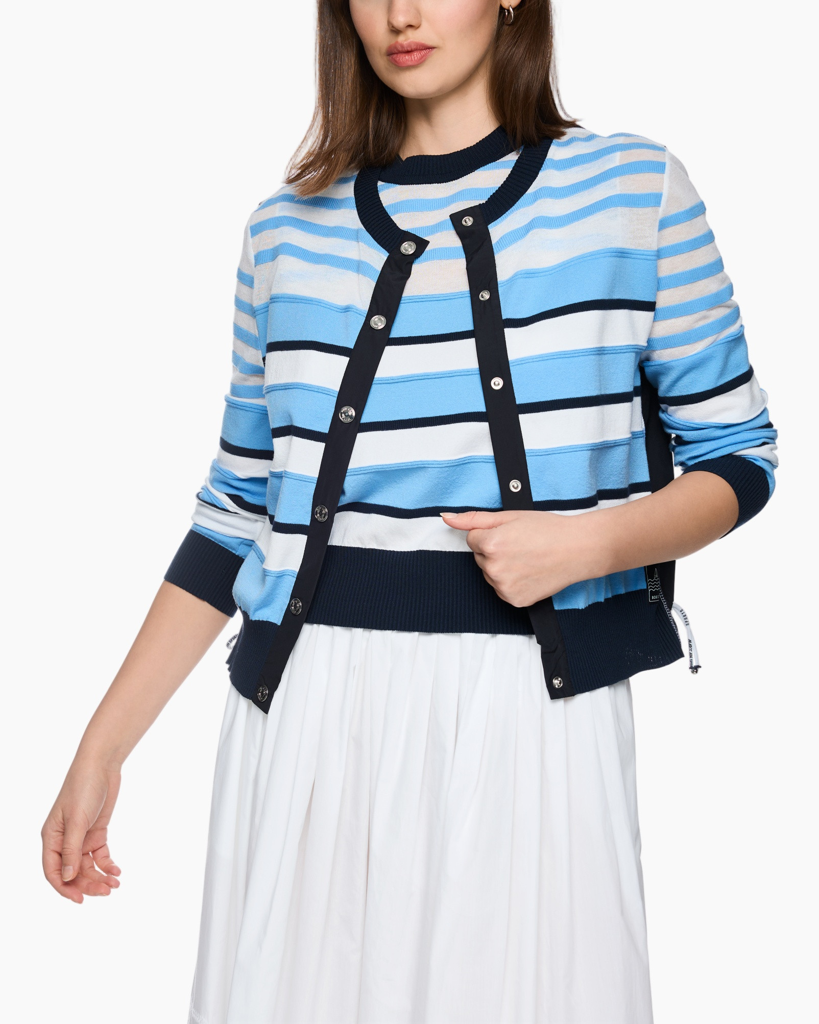 striped cardigan, blue stripes, button placket, crew neck, knit cardigan