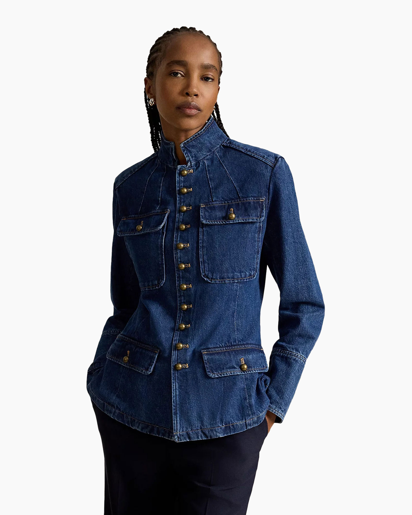denim, jasje, knopen voor, hip lengte, zakken