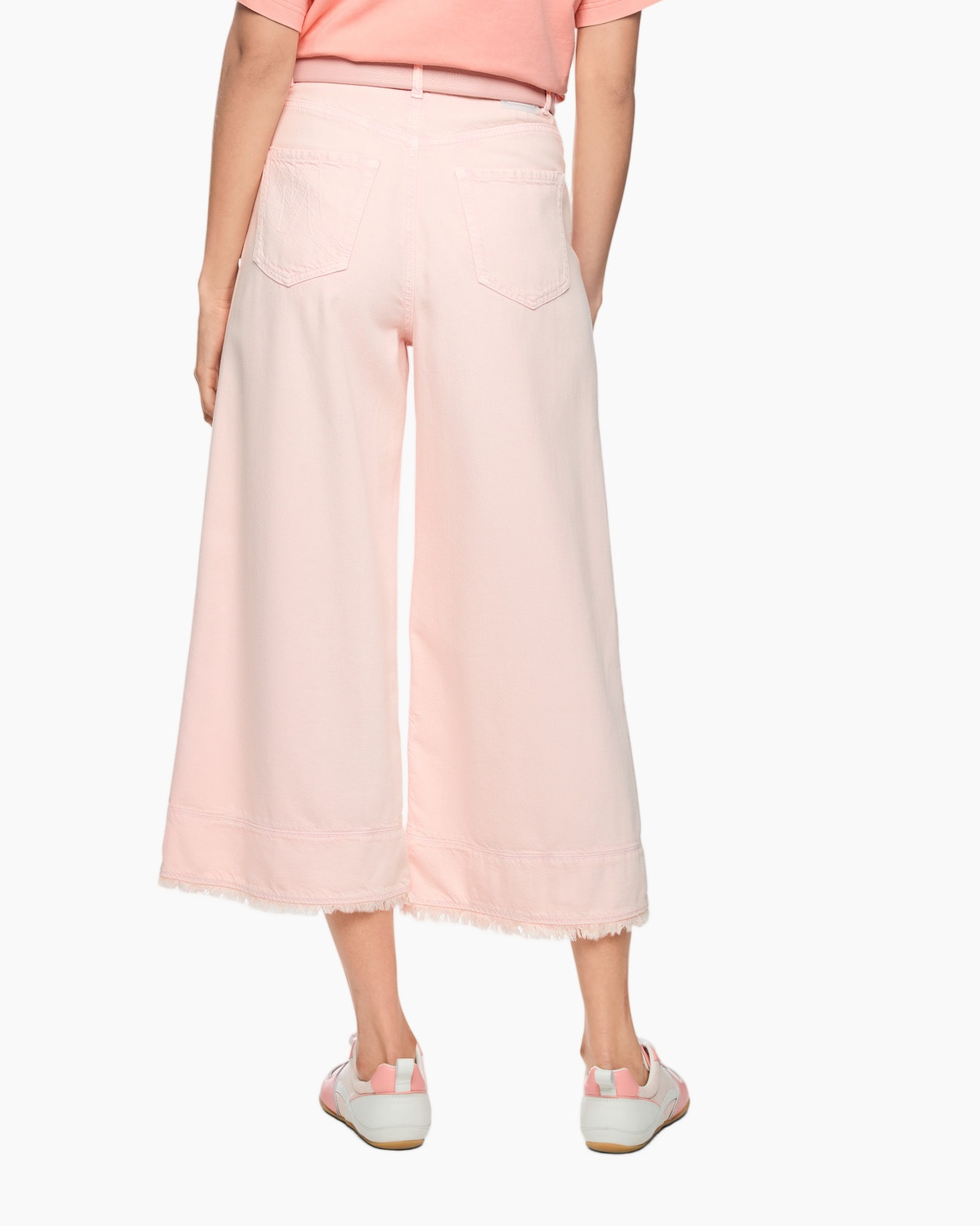 pink, wide-leg, culotte, frayed hem, belted