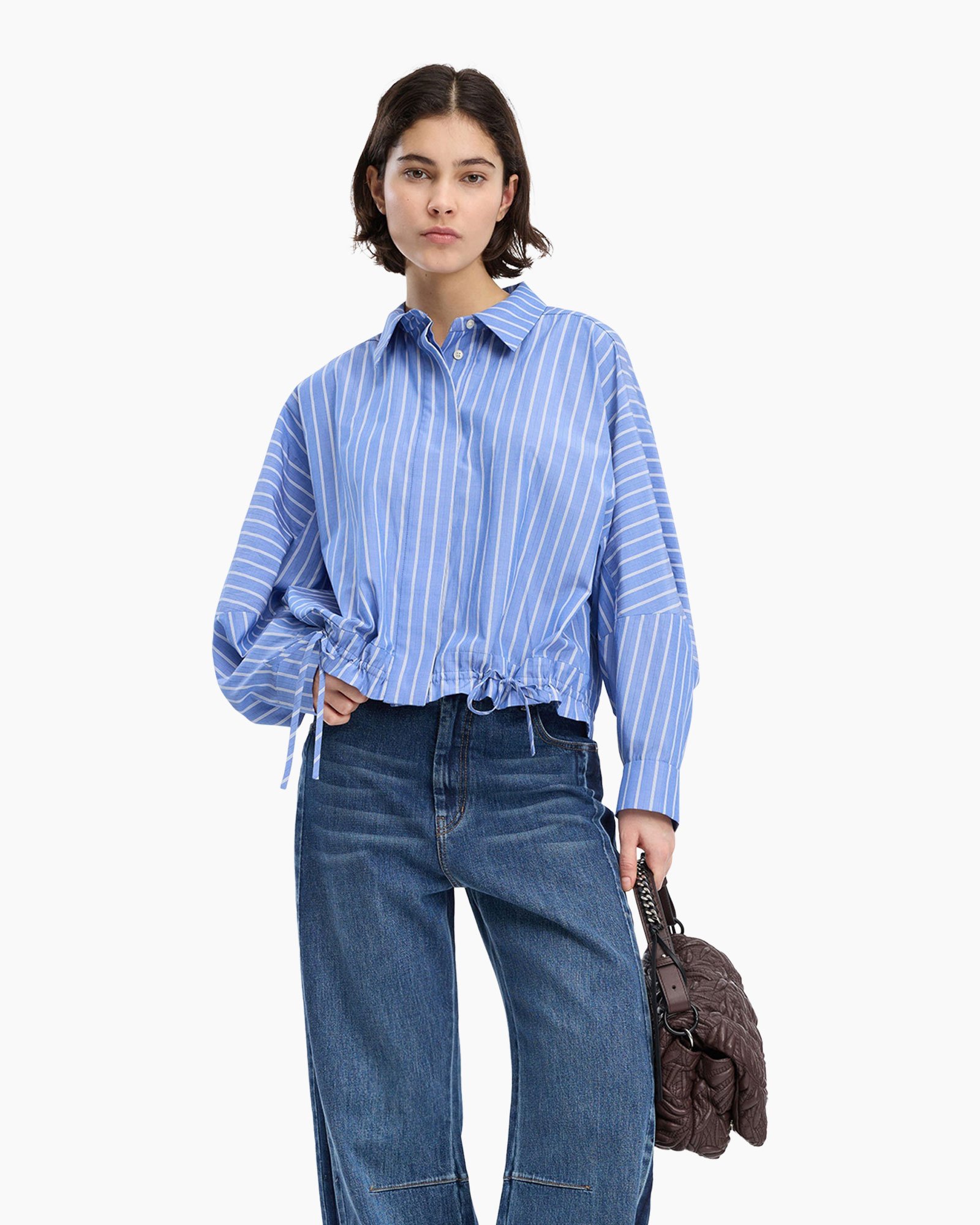 gestreepte blouse, blauwe blouse, lange mouwen, touwtje zoom, casual pasvorm