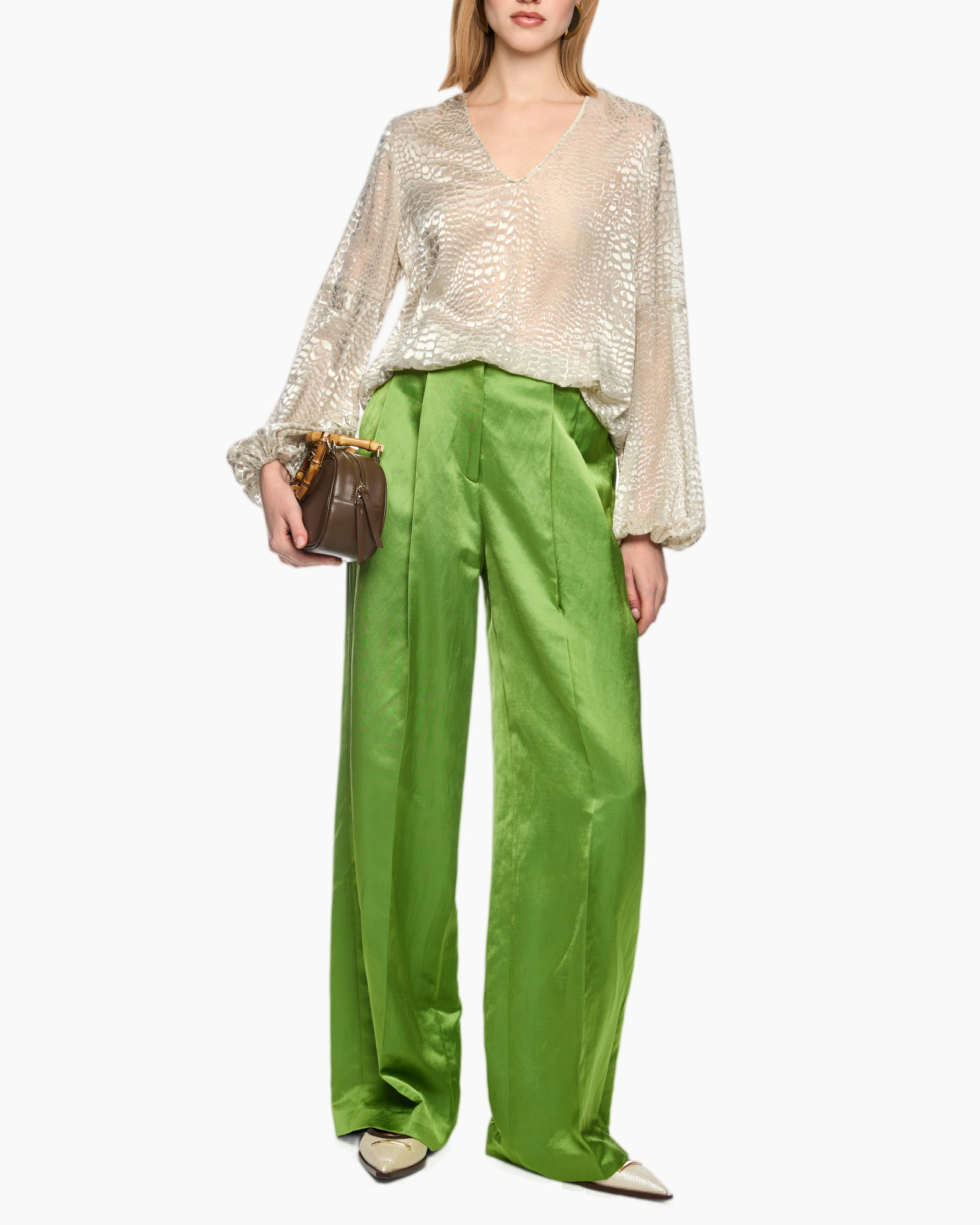 blouse, transparant, v-hals, pofmouw, broek