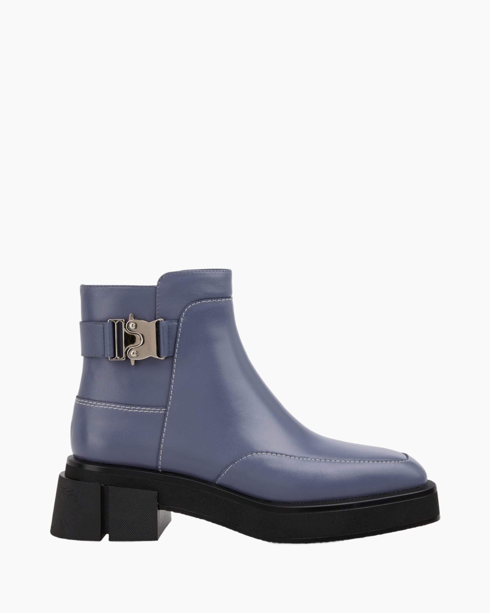 enkellaars, blauwe schoen, leer, gesp, metalen gesp