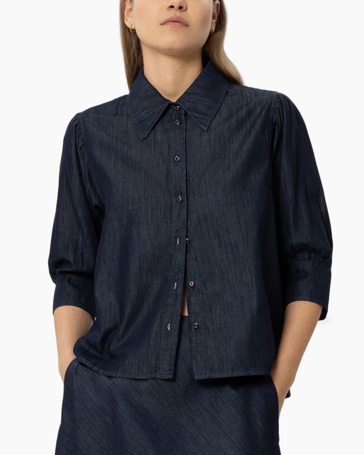 denim, knopsluiting, kraag, driekwartmouwen, voorzijde zonder zak
