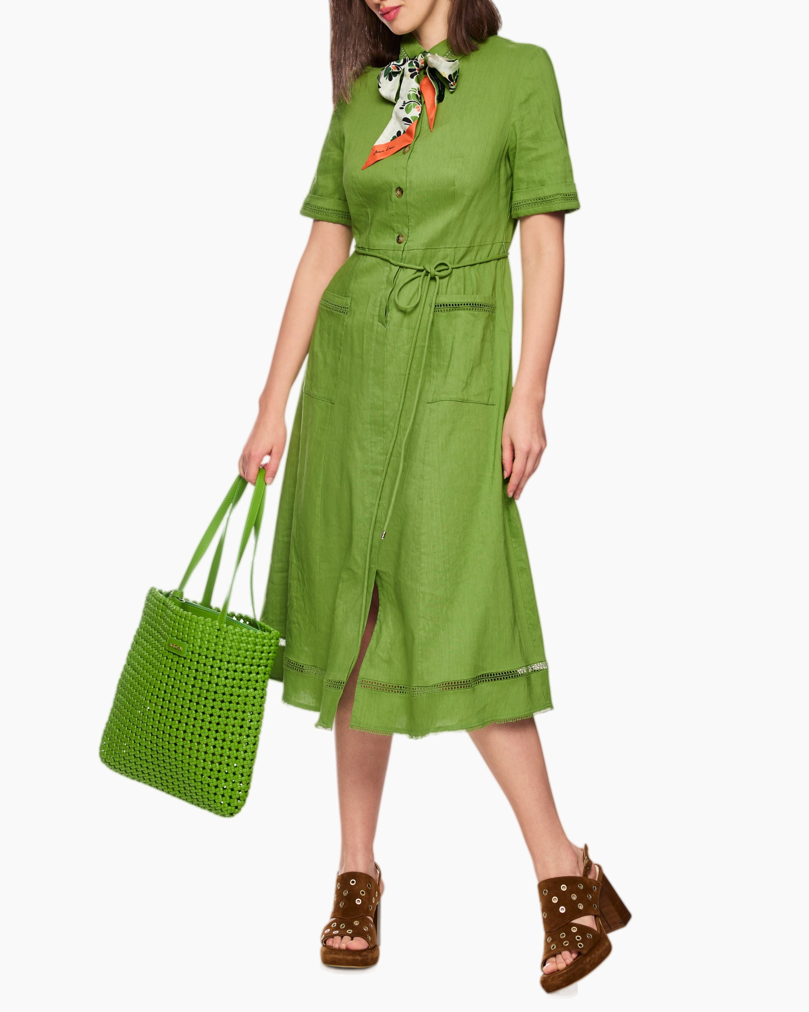 jurk, linnen, groen, mid-lang, riempje