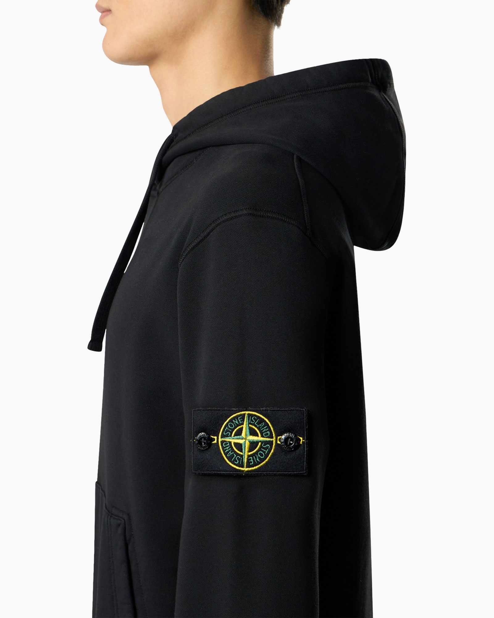 hoodie, zwart, pullover, kangoeroezak, logo patch op mouw
