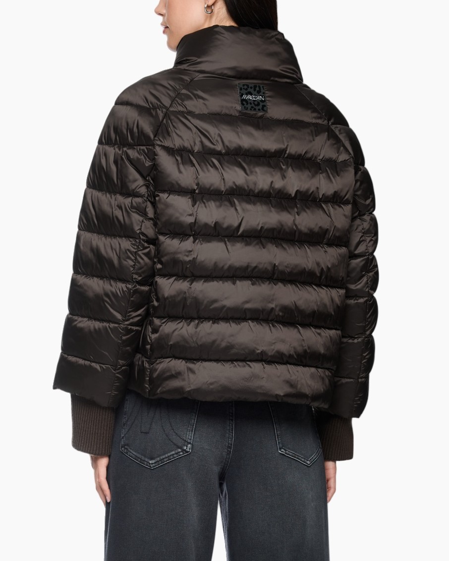 puffer jas, zwart, kraagloos, geribde mouwen, vullingjas
