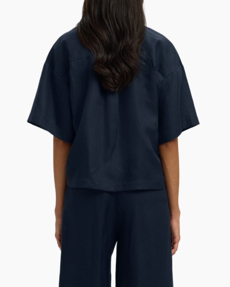 marineblauw, korte mouw shirt, kraag, zak, top