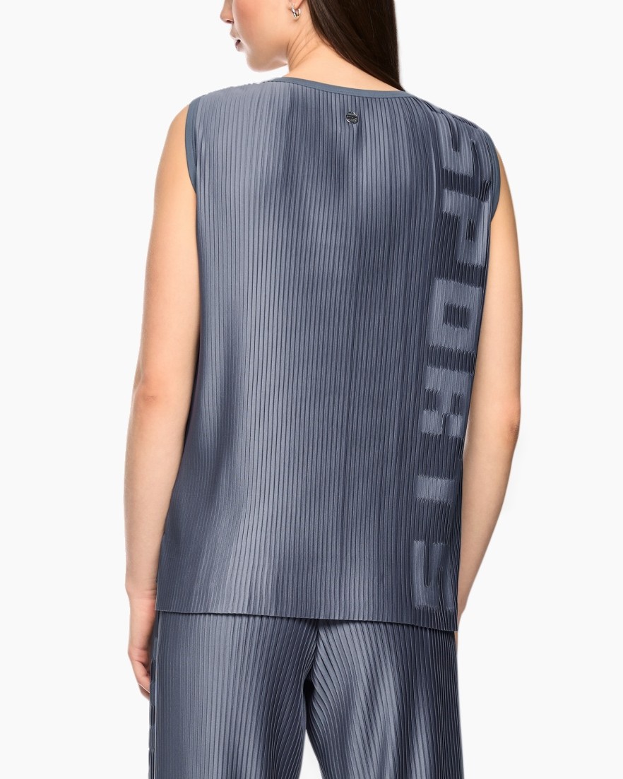 geplooid, tanktop, mouwloos, blauwgrijs, top