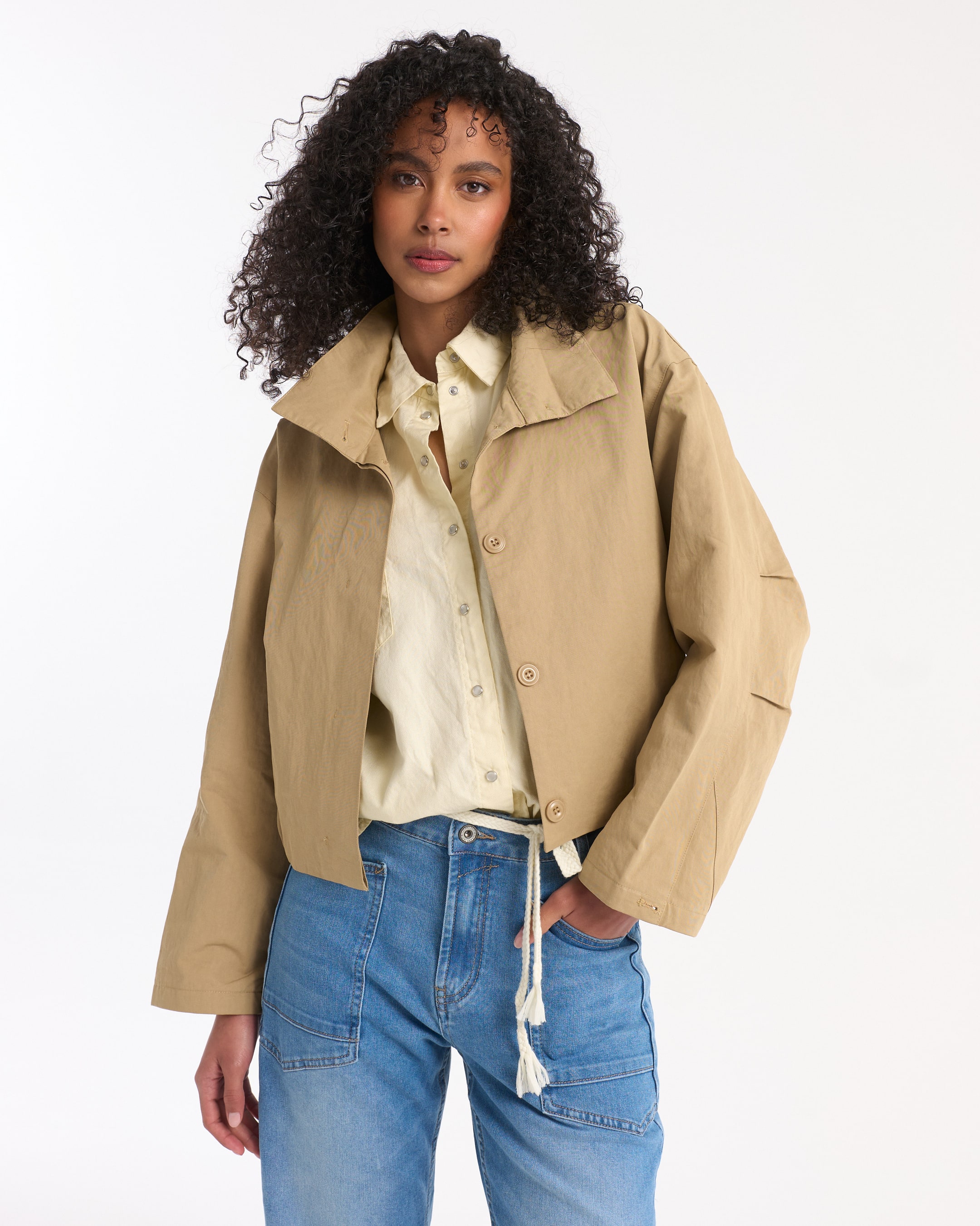 jacket, beige, waist-length, collared, button-up