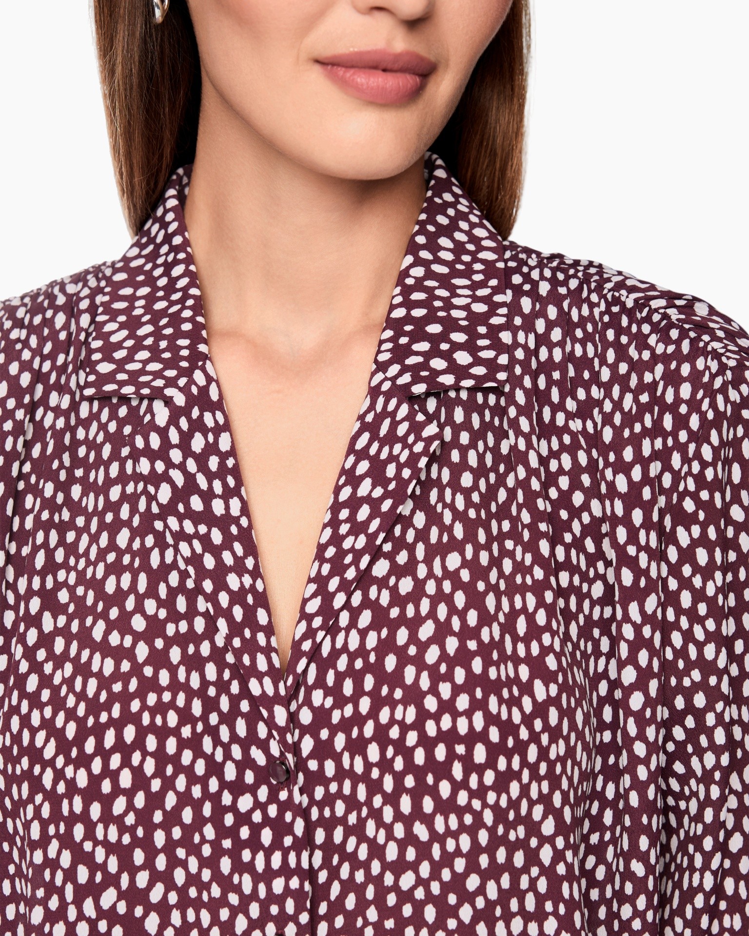 blouse, polka dot, lange mouwen, kraag, paars