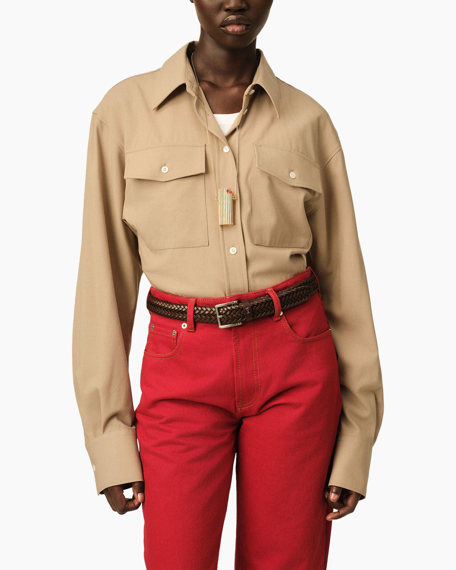 hemd, knopen-down, zakken, beige, geweven-riem