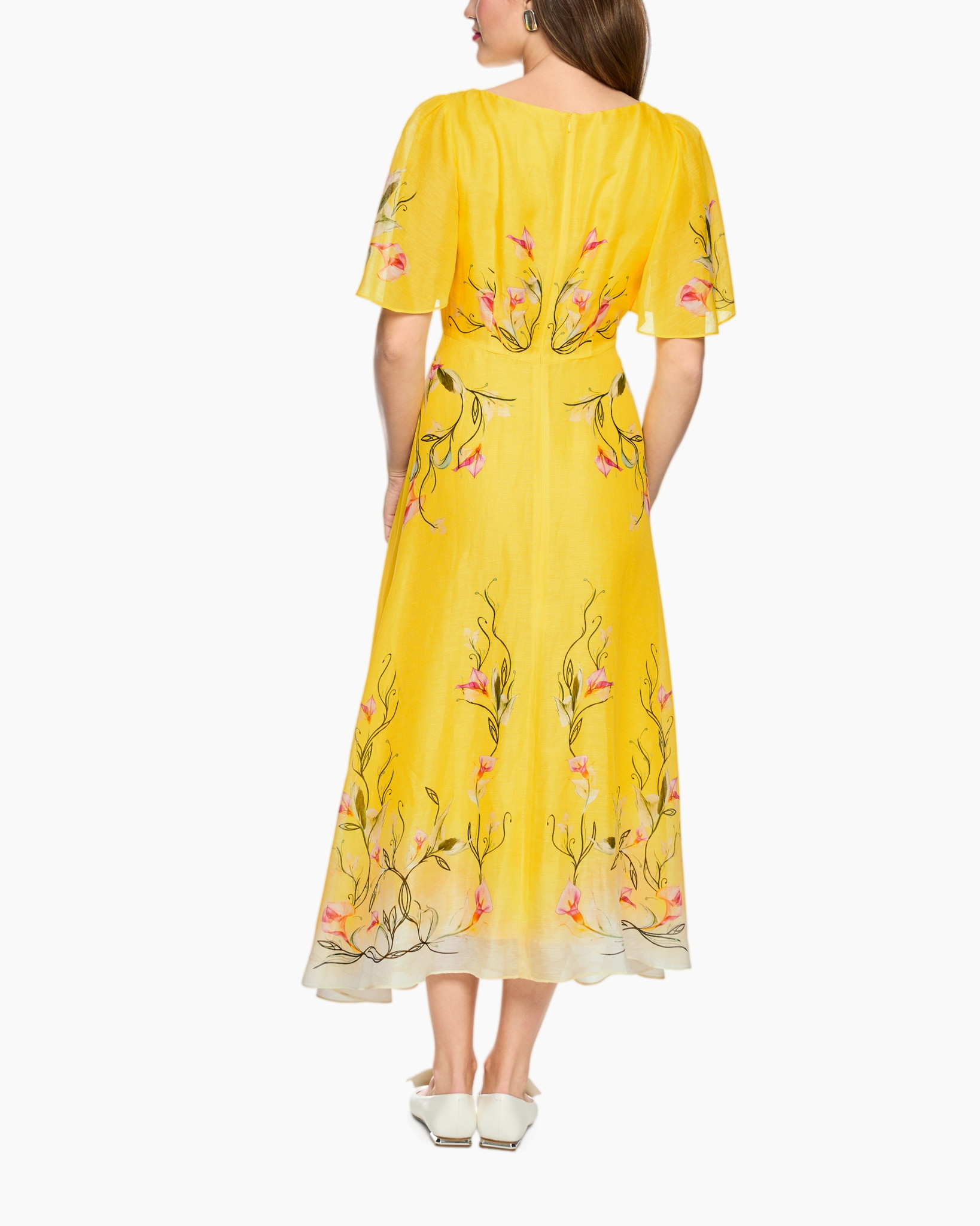 jurk, geel, bloemenpatroon, middellange lengte, feestelijke rand