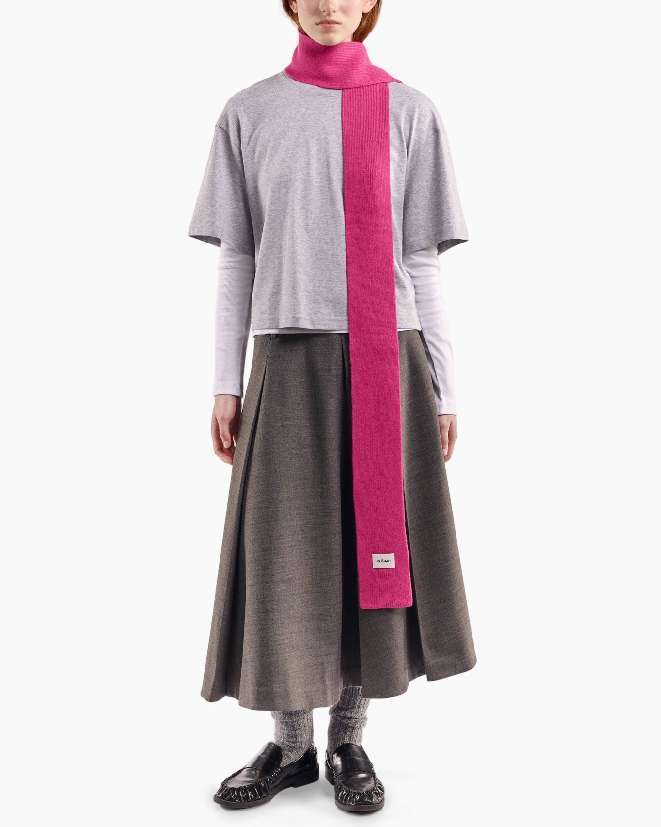sjaal, roze sjaal, rolkraag, laagjes outfit, middellange rok