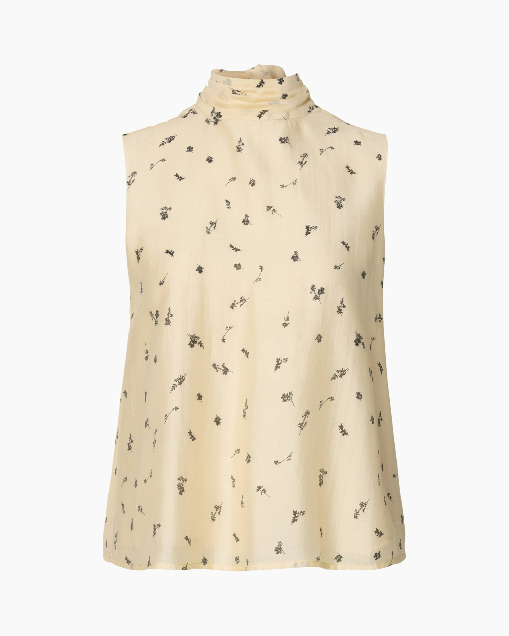 straploos, hoge hals, blouse, beige, bloemenprint