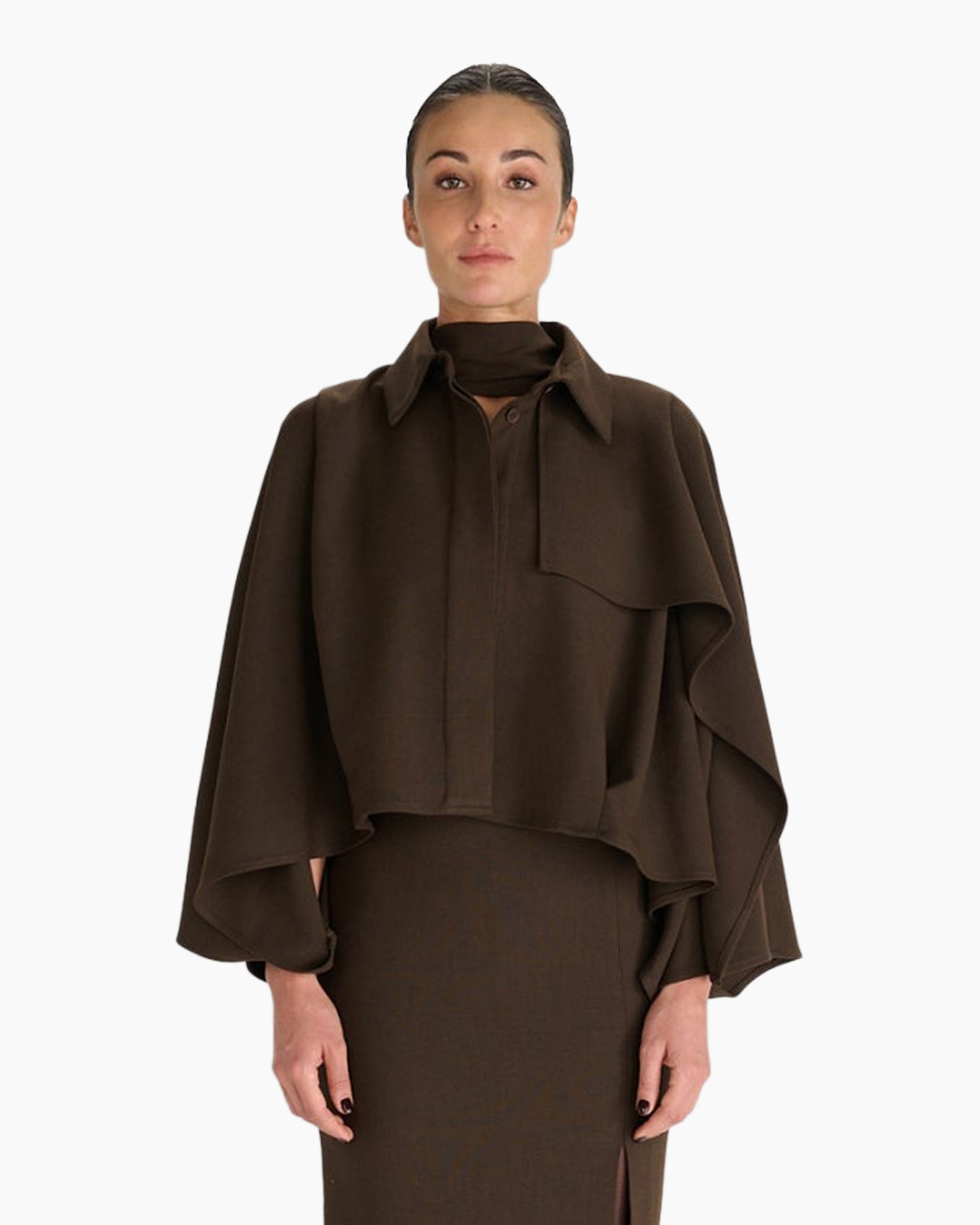 cape, jas, bruin, gelaagde, wijdere mouwen