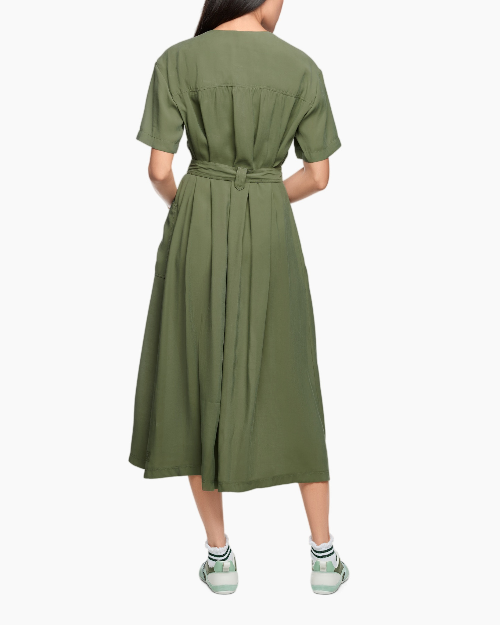 green, wrap-dress, shirt-dress, knee-length, pockets