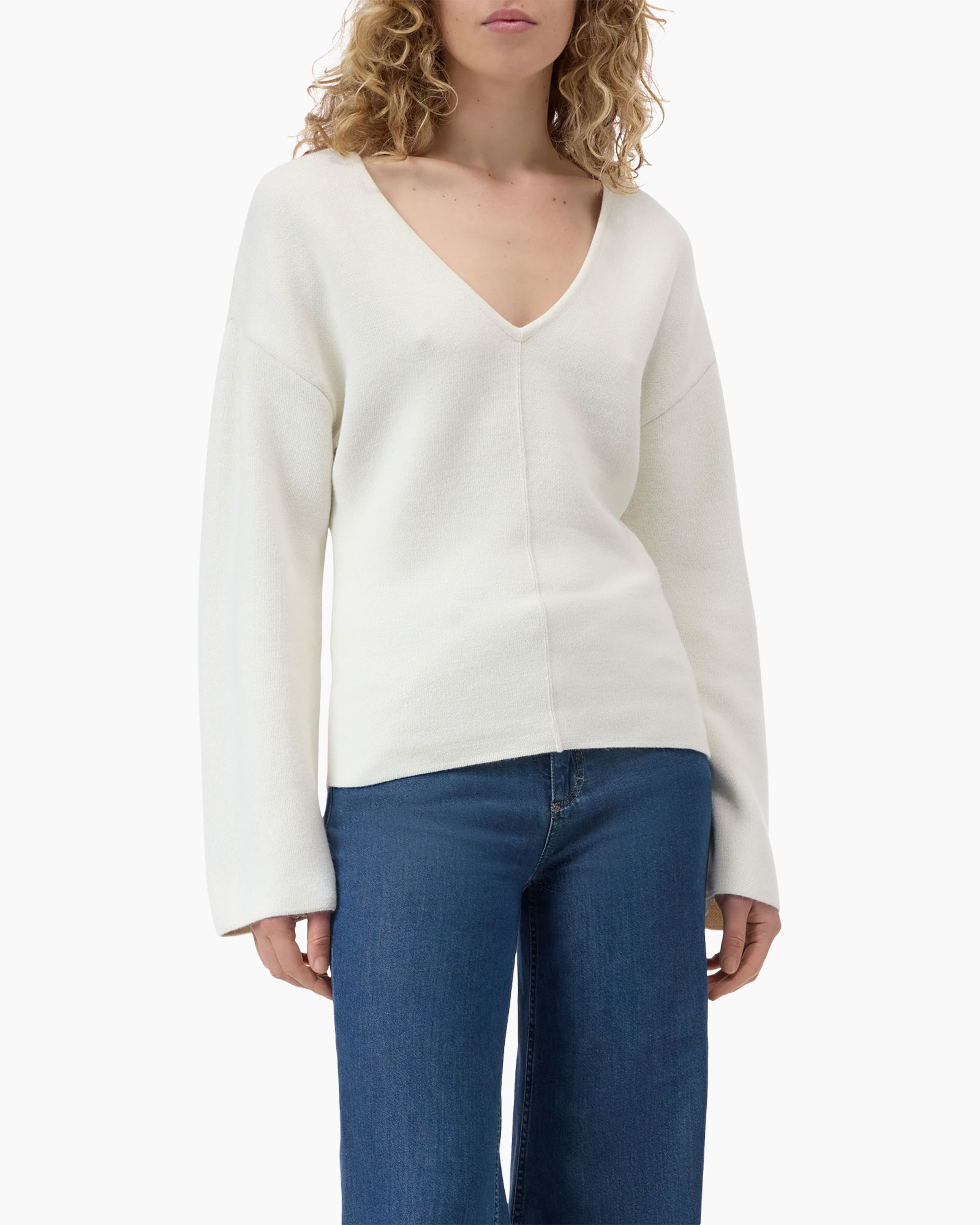 Wit vest, V-hals, lange mouwen, breisels, pull