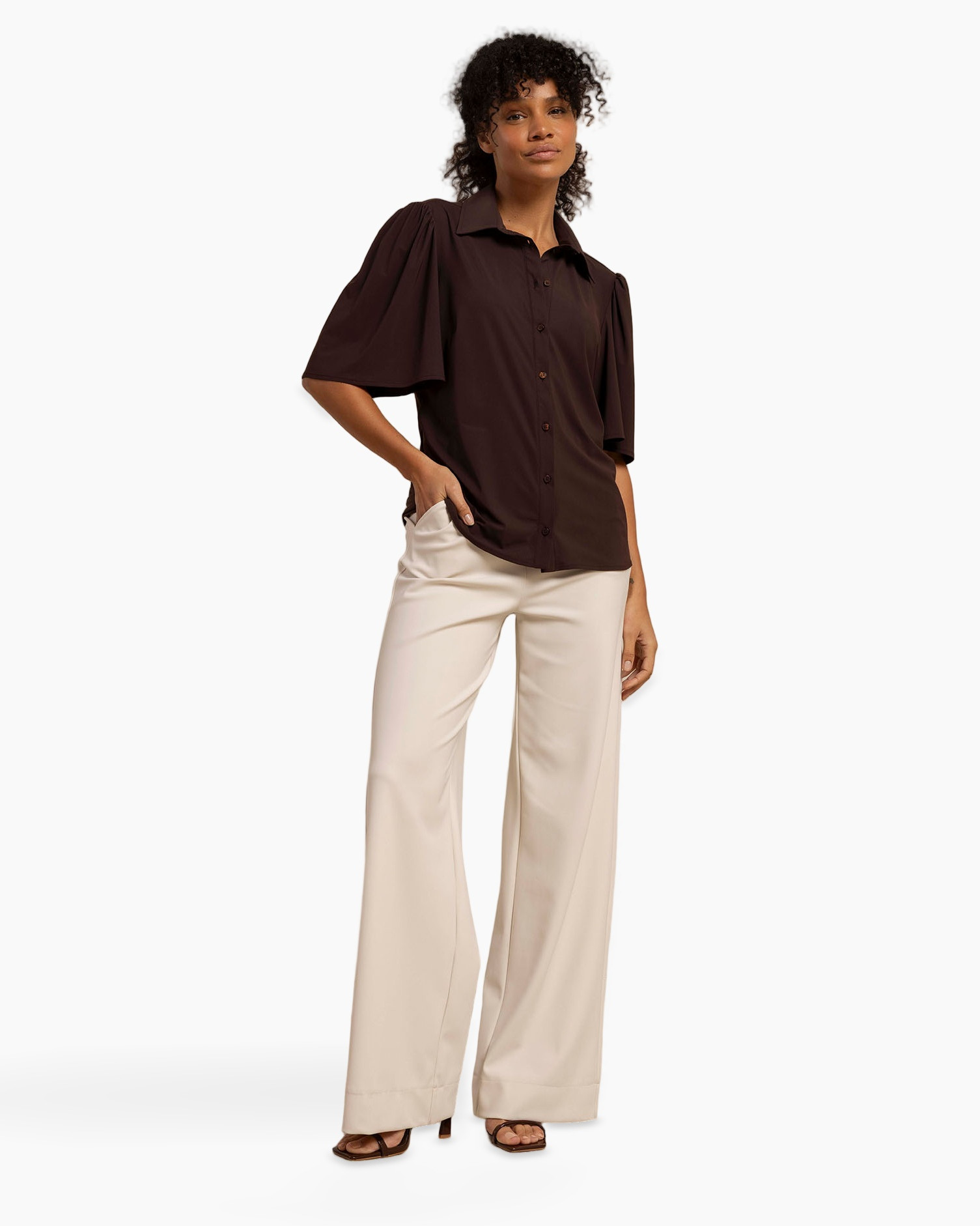 blouse, button-down, puff-sleeve, collared, solid-color