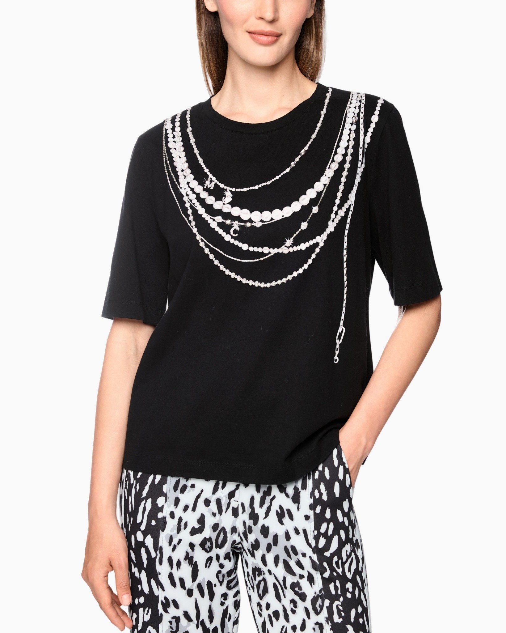 t-shirt, mouwloze korte, zwart, parelketting print, casual top